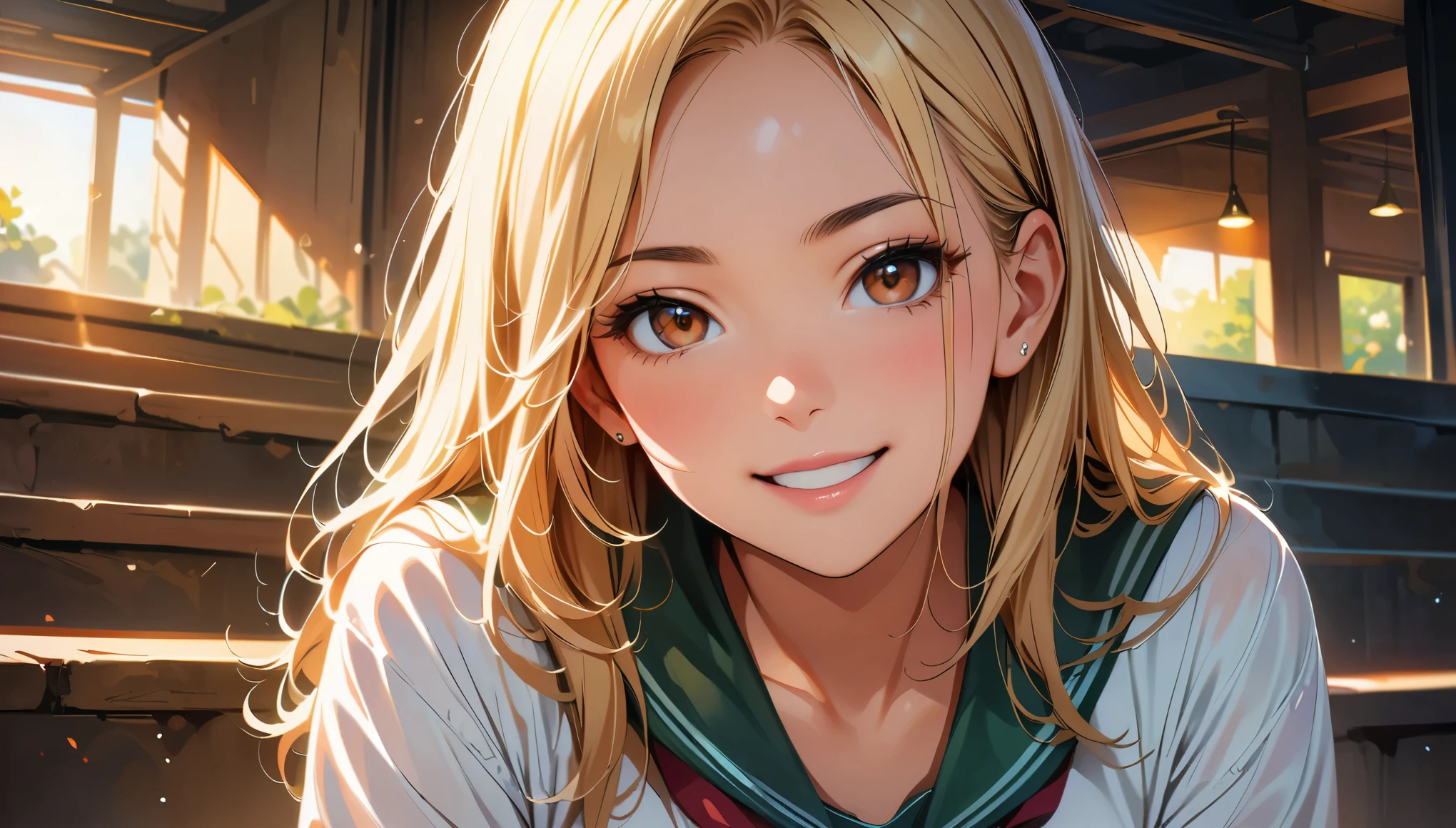 (highest quality, 4k, High resolution, masterpiece:1.2), Super detailed, (real, photorealistic:1.37), cinematic light, Bright colors and mesmerizing effects, Soft and delicate lighting, gentle shine, Lens flare, Beautiful and gentle atmosphere throughout the scene, 1 woman, JK, (blonde, long straight, reddish brown eyes), happy expression, Super detailedな顔, lip details, detailed eyes, double eyelid, (turn around, stick out your butt:1.5), black socks, cowboy shot, school uniform, girls , shiny skin, perfect fingers, five fingers, anatomically correct, background bokeh, 500㎜, f/4, photo shoot,