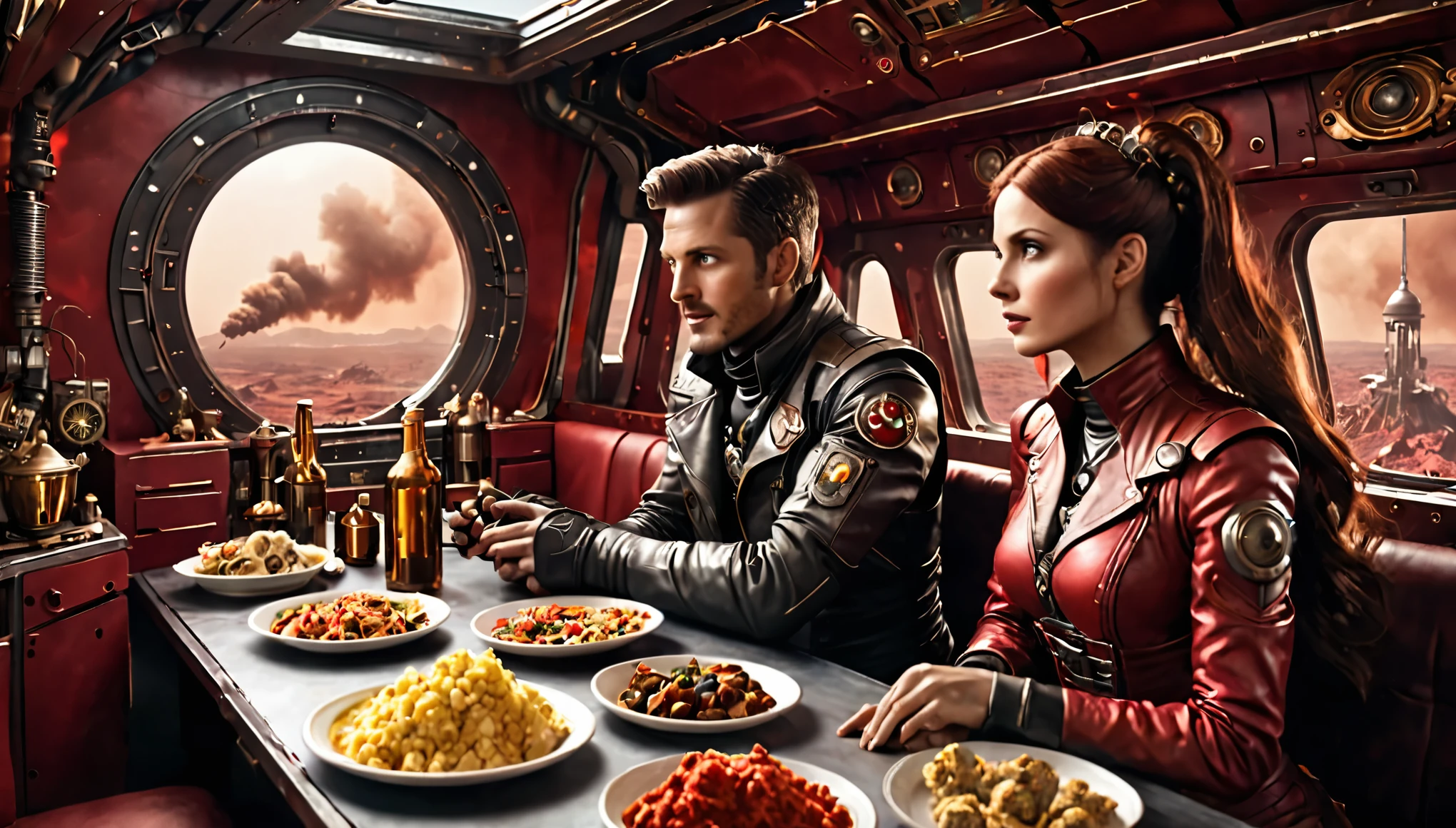 cinematic scene, hiperrealism,view from the side, a man and a woman in space clothes are sitting opposite each other in the vast buffet of a starship at a table on which there is food and drinks, their tense faces express love and hope are sitting opposite each other in the starship buffet at a table on which there is food and drinks, their tense faces express love and hope, war, a mystical Martian city in the steampunk style is visible, even further away unusual inhabitants, a mystical environment, sky shrouded in red dust and black smoke, realistic photo, ultra-detailed backgrounds, ultra-high resolution, ultra-high quality.