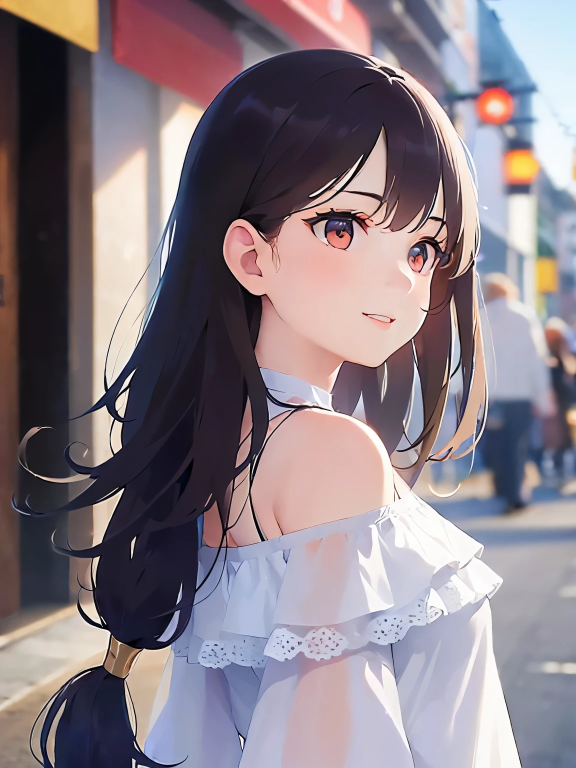 (looking away:2), side angle, Upper Body, Realistic, real person, (pale skin: 1.2), RAW photo, photorealistic, portrait photography, shiny skin, japanese idol、shiny hair、(25 year old woman with medium hair with bangs) and (wavy hair) and (brown hair) and (orange eyes) , (white) and (off shoulder blouse)、(smile:1.3), open mouth, shopping street at night、