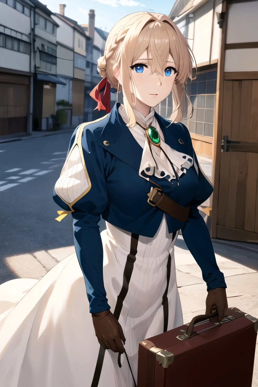 masterpiece,ultra detailed eyes, glowing ,highest detailed face,highest detailed skin,highest detailed hair, Kyoto animation,highest quality, High resolution, anime coloring,violet evergarden, Braid, hair ribbon, red ribbon, jewelry, white ascot, brooch, blue jacket, long sleeve, brown gloves, white dress, long dress, Are standing, cowboy shot, outdoor, holding suitcase, 1 suitcase