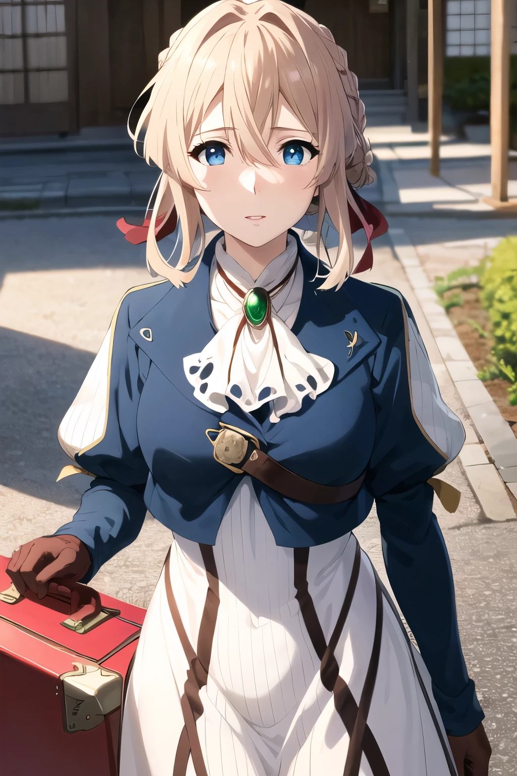 masterpiece,ultra detailed eyes, glowing ,highest detailed face,highest detailed skin,highest detailed hair, Kyoto animation,highest quality, High resolution, anime coloring,violet evergarden, Braid, hair ribbon, red ribbon, jewelry, white ascot, brooch, blue jacket, long sleeve, brown gloves, white dress, long dress, Are standing, cowboy shot, outdoor, holding suitcase, 1 suitcase