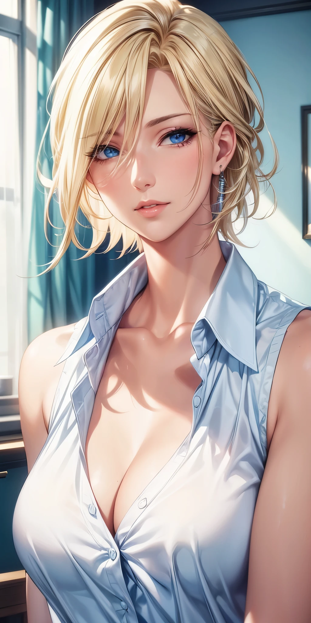 portrait, realistic, elegant mature woman, blue eyes, blonde hair, 4k resolution, ultra detailed cg, beautiful cg, soft light