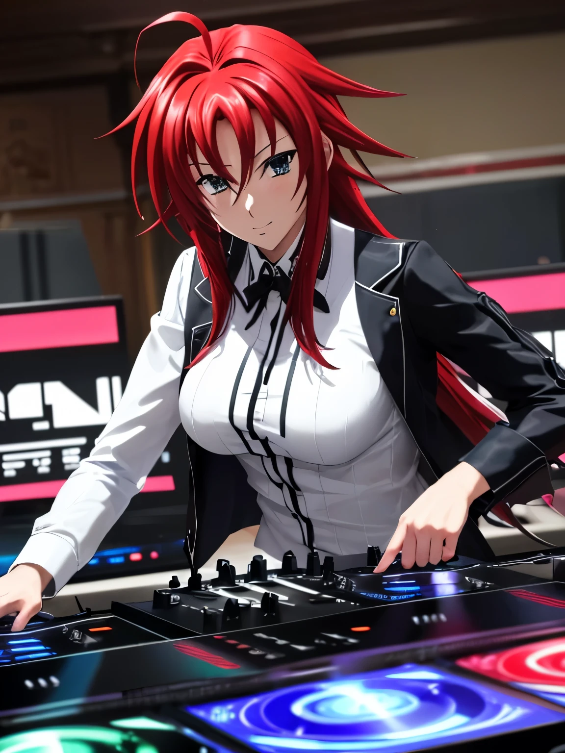 Make Rias Gremory a futuristic DJ This DJ should be wearing silver robotic clothing This DJ should be playing in Miami He's playing to a lot of people who are dancing Ultra-realistic photo, calidad 8k, full HD