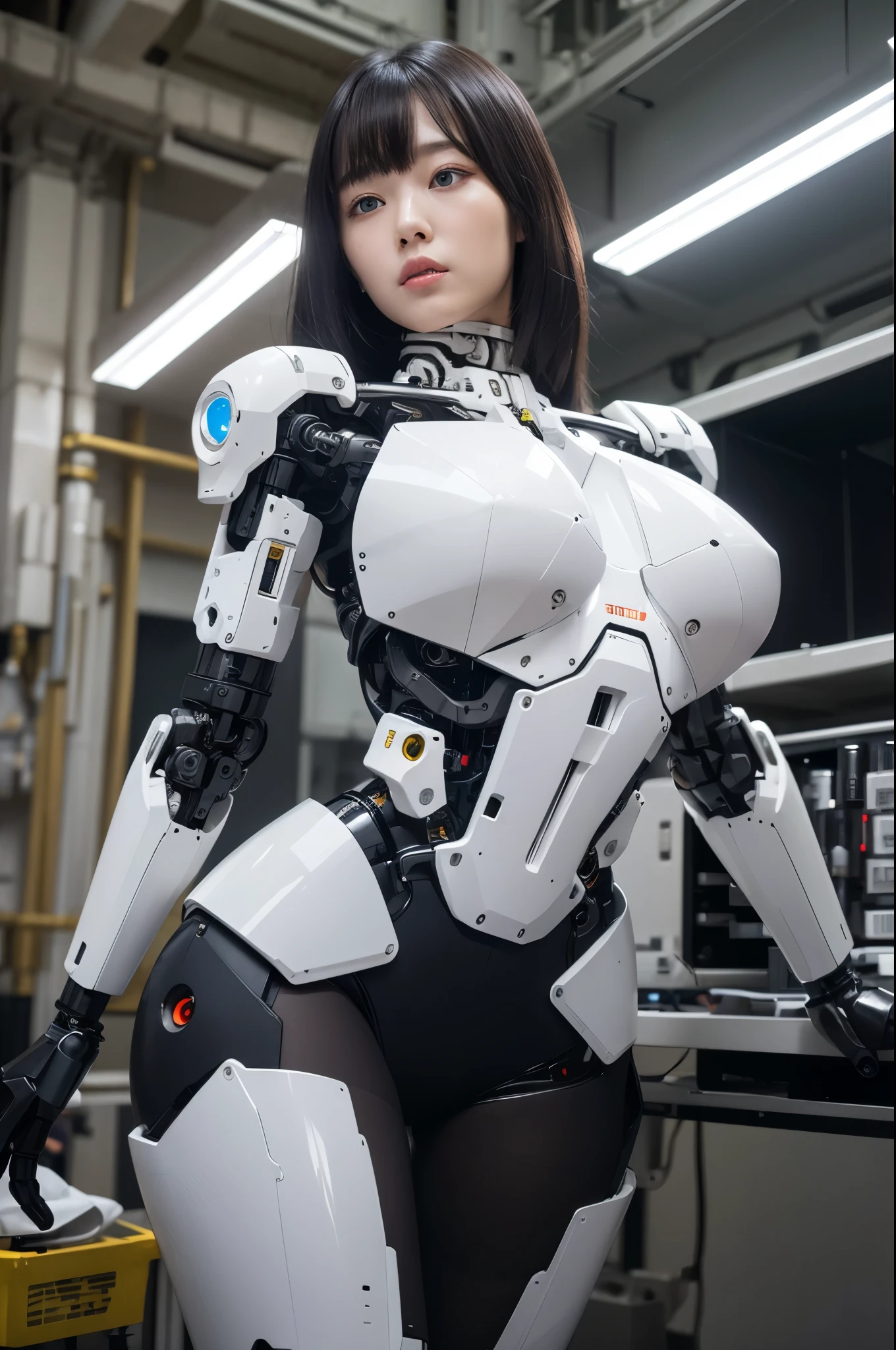 masterpiece, best quality, extremely detailed, 8k portrait, Japaese android Girl,Plump,control panels,android,Droid,Mechanical Hand, Robot arms and legs, Black Robot Parts,Black hair,Mechanical body,Blunt bangs,White robotics parts,perfect robot woman,future laboratory,cyber pank,charging spot,laboratory,long tube,thick cable connected her neck,ceramic body ,perfect mechanical body, white robot body,android,robot humanoid,black sponge joints,The removable cover is in the groin,The connection port is in the groin,white machine body,white robot body,She has repaired,assembly plant,miniskirt,leather boots,(blue eyes:1.5)