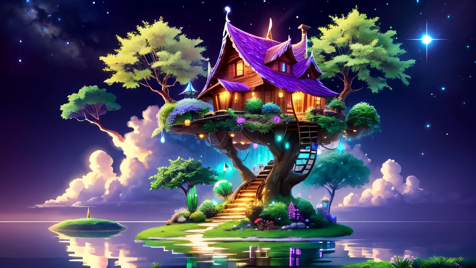 small fantasy treehouse, floating island, 8k wallpaper, extremely detailed, 3d reference sheet, generative front view, generative side view, generative back view, 3 view