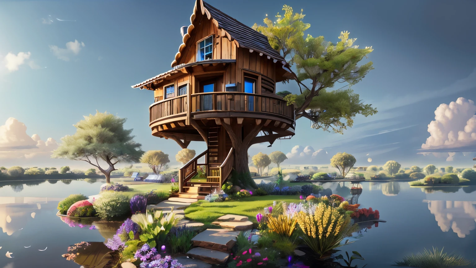 small fantasy treehouse, floating island, 8k wallpaper, extremely detailed, 3d reference sheet, generative front view, generative side view, generative back view, 3 view