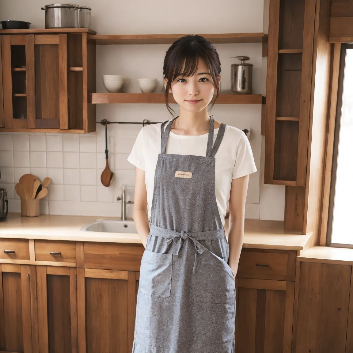 japanese woman、３０age、no makeup、home kitchen、apron