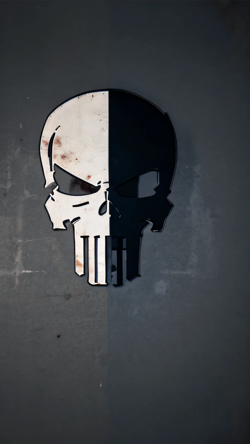 A punisher logo on a gray background With red and blue silhouettes