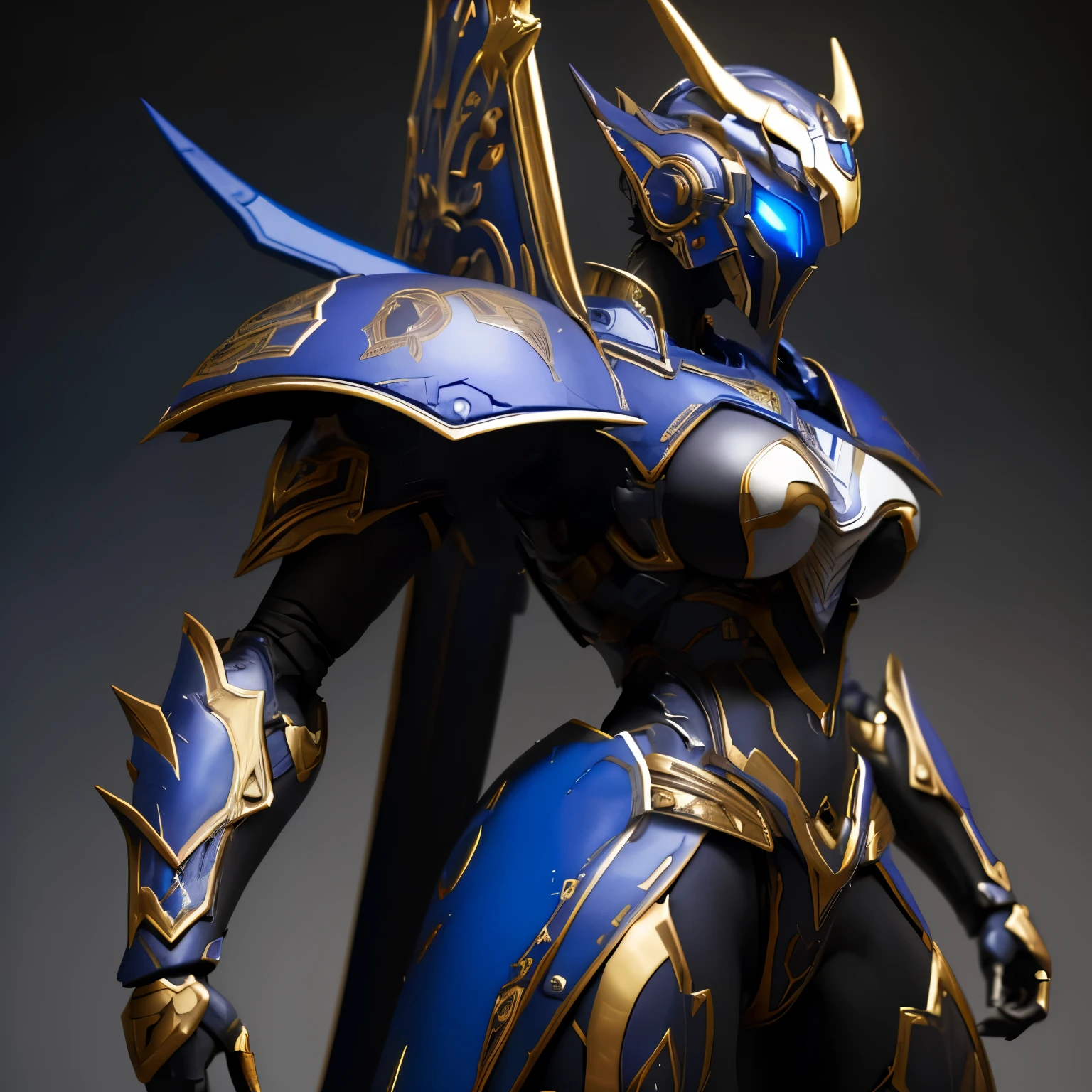 (Perfect Masterpiece), realistic details, high resolution, awesome logo on bottom. Armor from Berserk references, gantz  reference. Sexy mecha girl with round tits, niples, sexy body. big sword in one hand. Blue eyes, full body, sexy pose. Round ass, slim waist, camel toe, big tits, black and dark purple details