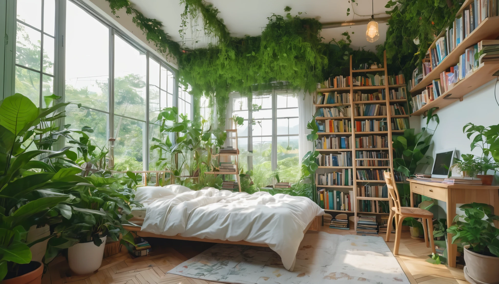 View of the bedroom with bed and ladder、cozy place、Books are scattered everywhere、Library overgrown with plants、room full of plants、nature rules、dreamy and detailed、relaxing environment、magical environment、cozy room、very magical and dreamy、cozy environment、lush green covered with bushes、Cozy and peaceful atmosphere、reading corner、in the comfort of your home。