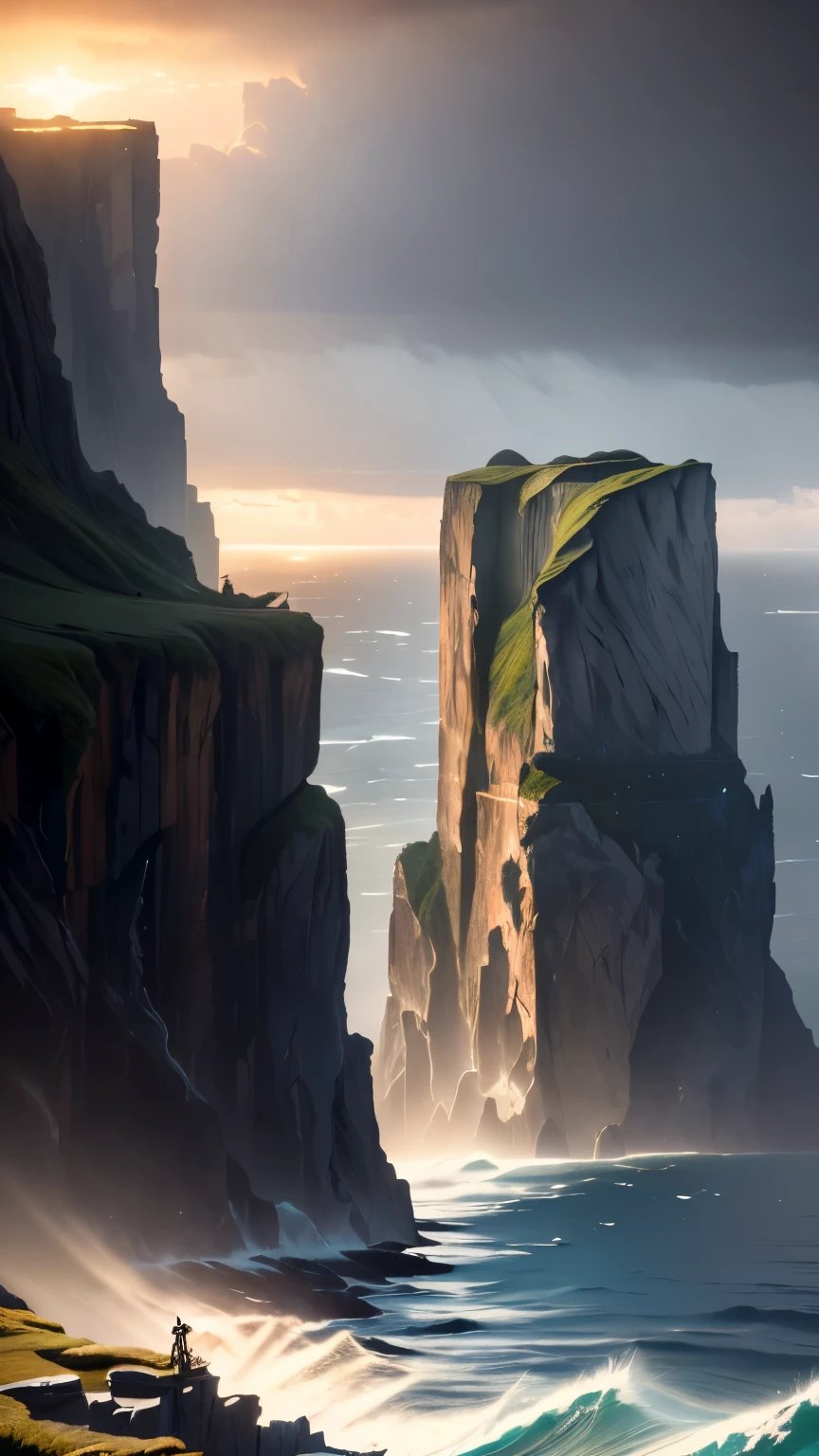 (best quality,highres,masterpiece:1.2),ultra-detailed,extremely detailed figure,faraway perspective,dramatic cliffside scene,mysterious silhouette,crumbling edges,dangling on the edge,loneliness,stormy weather,powerful waves crashing against rocks,ominous atmosphere,dark shadows,majestic coast,seagulls soaring in the distance,endless horizon,impressive height,lush green vegetation,dramatic lighting,subtle hints of sunlight piercing through the clouds,captivating sense of danger,emotional depth,moment of suspense,engaging composition,thrilling storytelling.