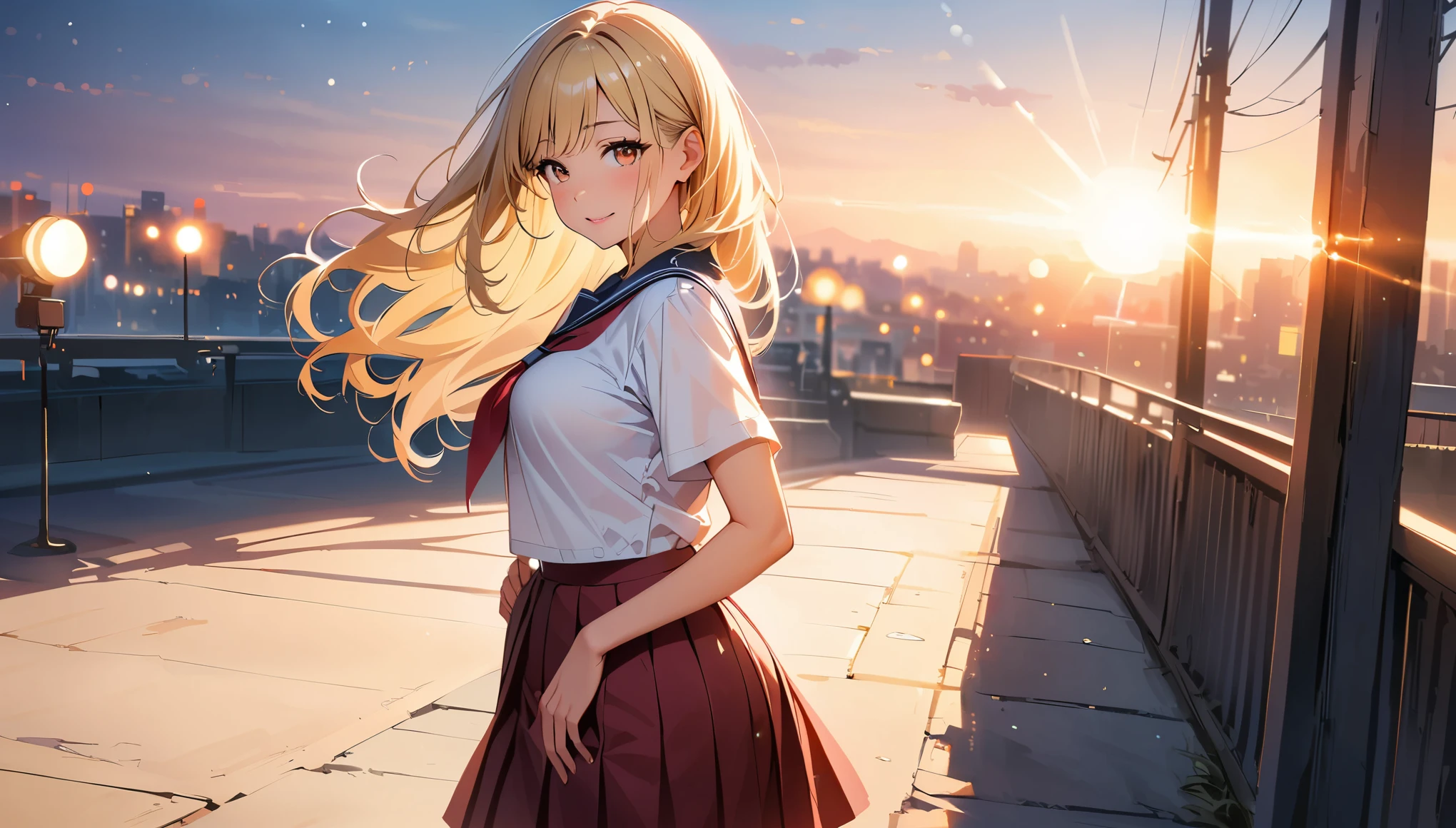 (highest quality, 4k, High resolution, masterpiece:1.2), Super detailed, (real, photorealistic:1.37), cinematic light, Bright colors and mesmerizing effects, Soft and delicate lighting, gentle shine, Lens flare, Beautiful and gentle atmosphere throughout the scene, 1 woman, JK, (blonde, long straight, reddish brown eyes), happy expression, Super detailedな顔, lip details, detailed eyes, double eyelid, turn around, stick out your butt, black socks, cowboy shot, school uniform, girls , shiny skin, perfect fingers, five fingers, anatomically correct, background bokeh, 50㎜, f/2.8, photo shoot,