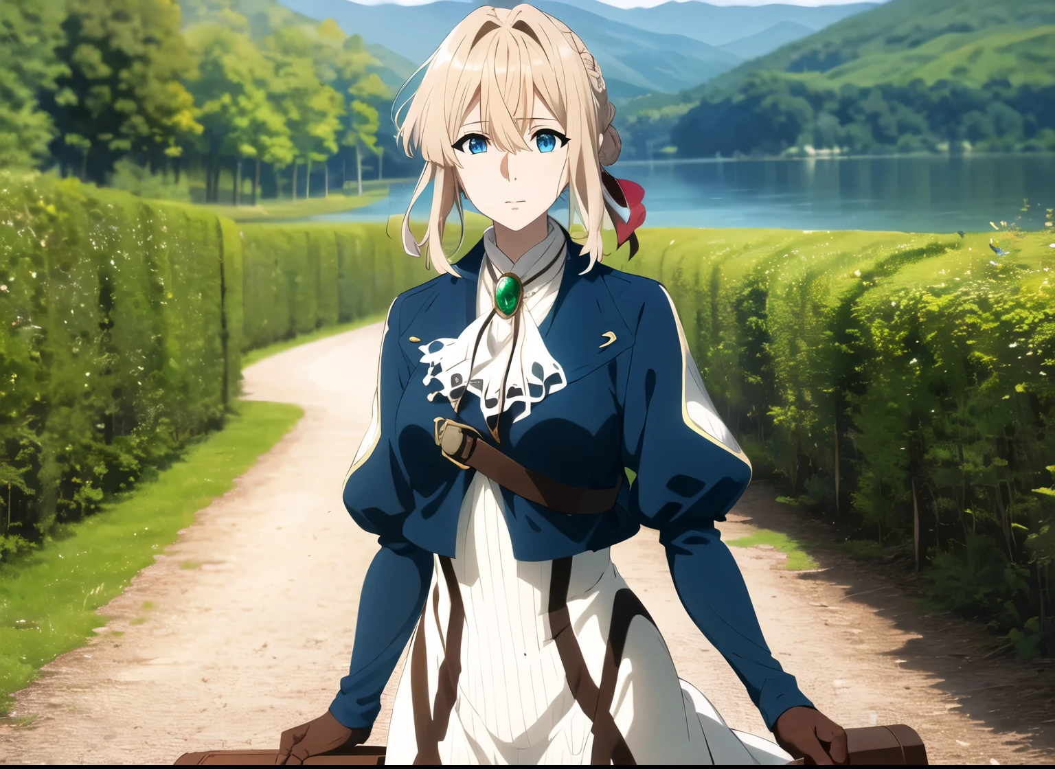 masterpiece,ultra detailed eyes, glowing ,highest detailed face,highest detailed skin,highest detailed hair, Kyoto animation,highest quality, High resolution, anime coloring,violet evergarden, Braid, hair ribbon, red ribbon, jewelry, white ascot, brooch, blue jacket, long sleeve, brown gloves, white dress, long dress, Are standing, cowboy shot, outdoor,lake,forest , holding suitcase, 1 suitcase