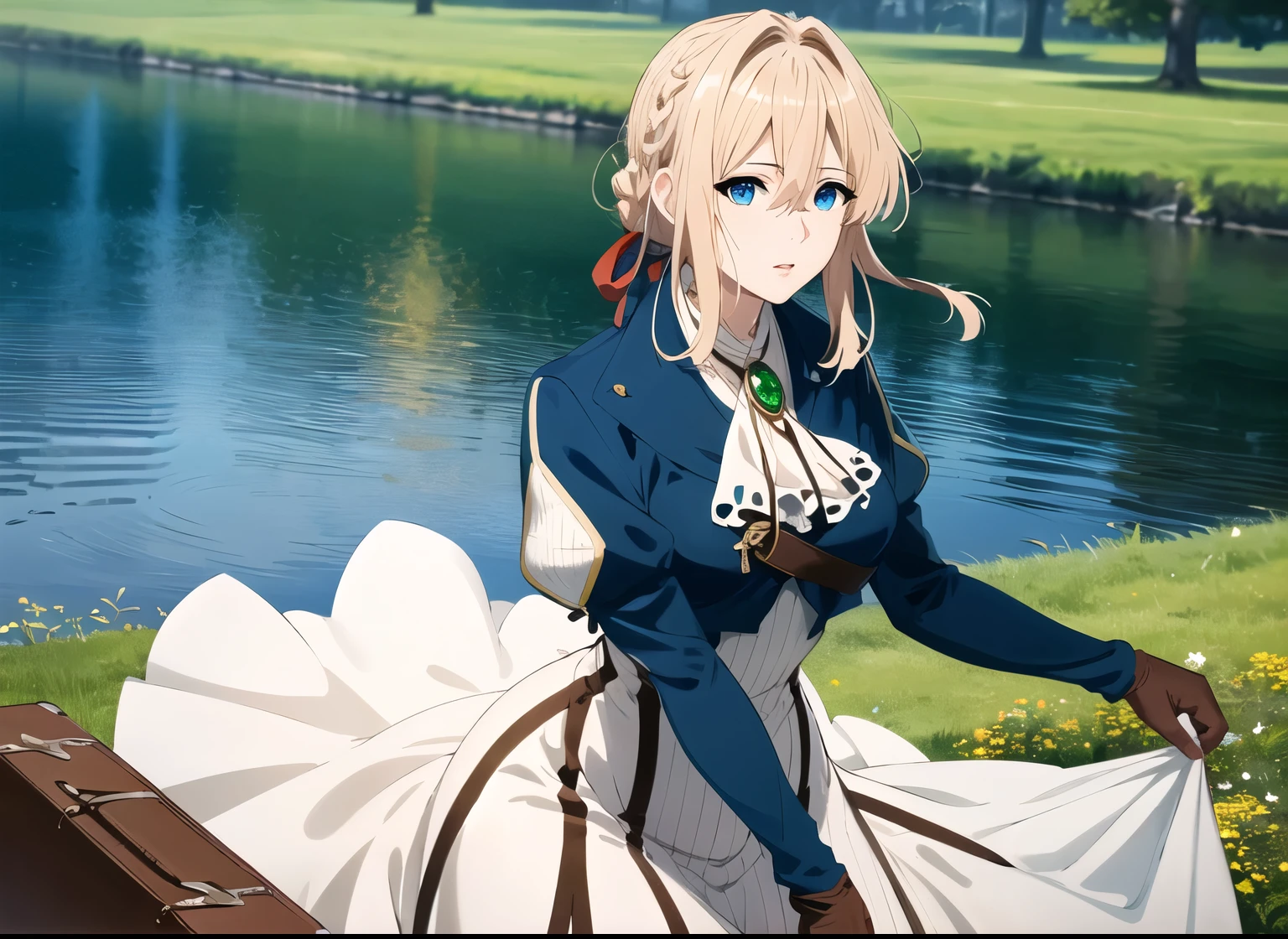 masterpiece,ultra detailed eyes, glowing ,highest detailed face,highest detailed skin,highest detailed hair, Kyoto animation,highest quality, High resolution, anime coloring,violet evergarden, Braid, hair ribbon, red ribbon, jewelry, white ascot, brooch, blue jacket, long sleeve, brown gloves, white dress, long dress, Are standing, cowboy shot, outdoor,lake,forest , holding suitcase, 1 suitcase