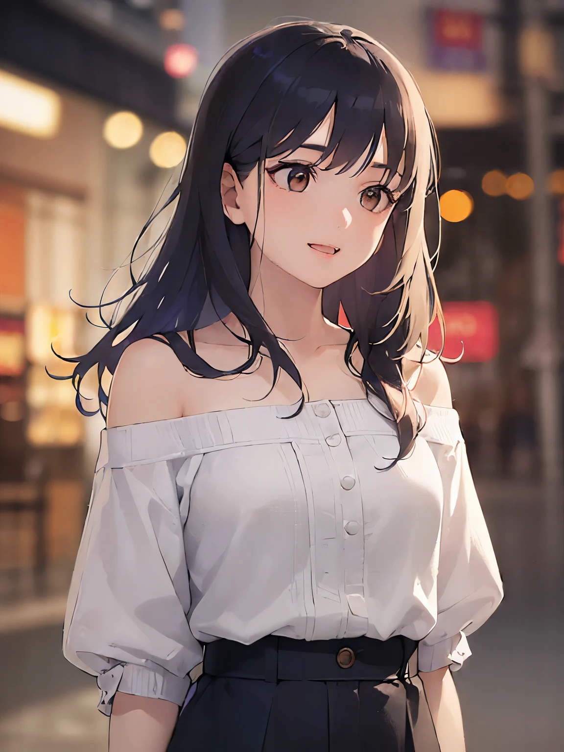 (looking away:2), Upper Body, Realistic, real person, (pale skin: 1.2), RAW photo, photorealistic, portrait photography, shiny skin, japanese idol、shiny hair、(25 year old woman with medium hair with bangs) and (wavy hair) and (brown hair) and (orange eyes) , (white) and (off shoulder blouse)、(smile:1.3), open mouth, shopping street at night、