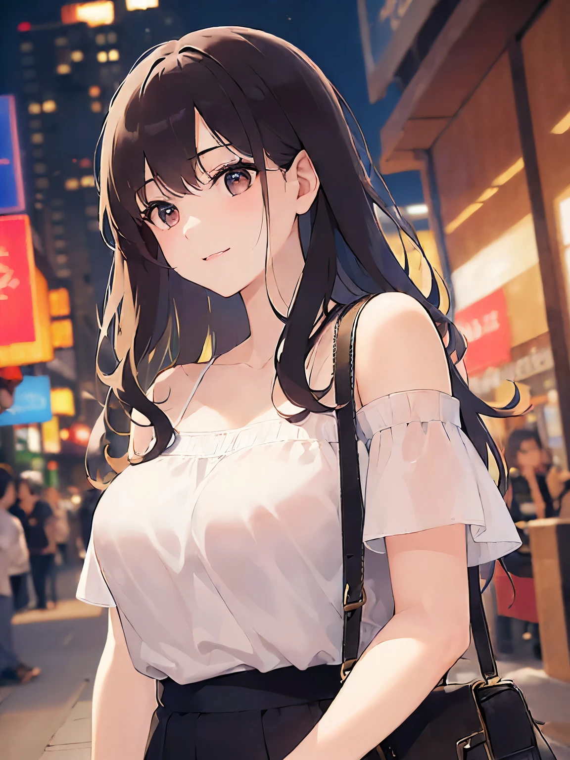 (looking away:1.5), Upper Body, Realistic, real person, (pale skin: 1.2), RAW photo, photorealistic, portrait photography, shiny skin, japanese idol、shiny hair、(25 year old woman with medium hair with bangs) and (wavy hair) and (brown hair) and (orange eyes) , (white) and (off shoulder blouse)、(smile:1.3), open mouth, shopping street at night、