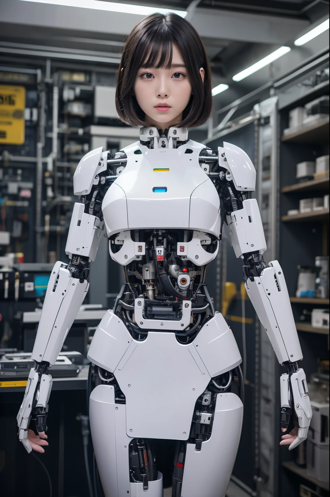 masterpiece, best quality, extremely detailed, 8k portrait, Japaese android Girl,Plump,control panels,android,Droid,Mechanical Hand, Robot arms and legs, Black Robot Parts,Black hair,Mechanical body,Blunt bangs,White robotics parts,perfect robot woman,future laboratory,cyber pank,charging spot,laboratory,long tube,thick cable connected her neck,ceramic body ,perfect mechanical body, white robot body,android,robot humanoid,black sponge joints,The removable cover is in the groin,The connection port is in the groin,white machine body,white robot body,She has repaired,assembly plant,miniskirt,leather boots,(blue eyes:1.5)