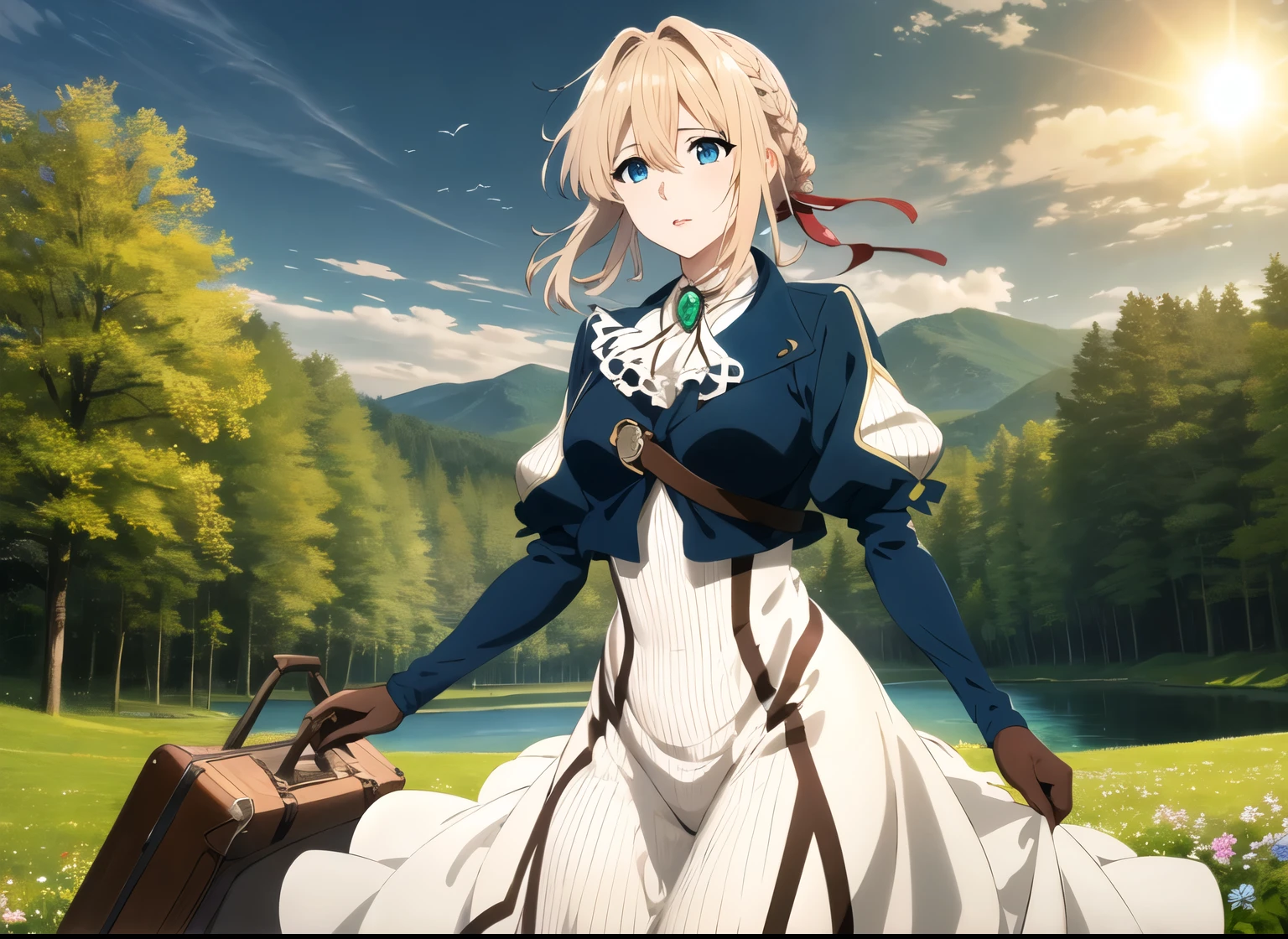 masterpiece,ultra detailed eyes, glowing ,highest detailed face,highest detailed skin,highest detailed hair, Kyoto animation,highest quality, High resolution, anime coloring,violet evergarden, Braid, hair ribbon, red ribbon, jewelry, white ascot, brooch, blue jacket, long sleeve, brown gloves, white dress, long dress, Are standing, cowboy shot, outdoor,lake,forest , sun light,holding suitcase, 1 suitcase