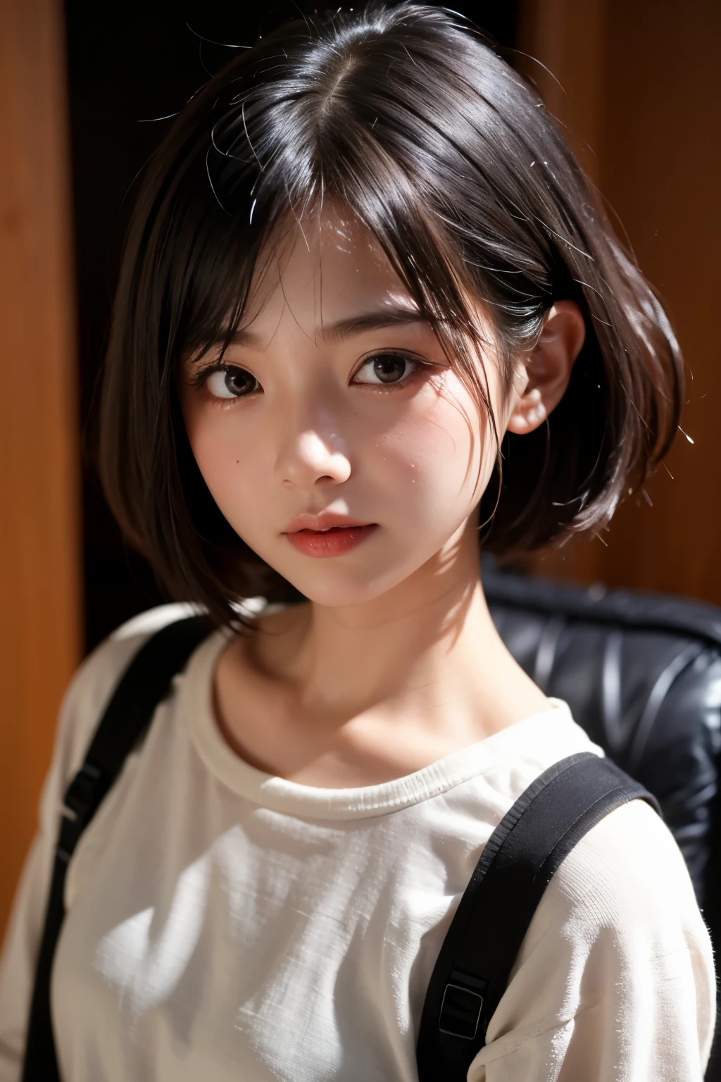 1girl, solo, Short girl, Small girl, Naughty face, face focus, upper body, Short hair