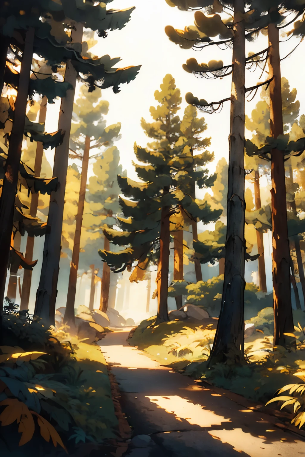 daytime,Sunny forest scene,pine,American,Retro, warm tones, Light and shadow effects, Rich in details, natural elements, dreamy atmosphere, Retro风格, calm, Natural wind,Concise and expressive description of the scene,Abstract and generalized elements,Emphasis on light, shadow and form,Balance of natural and man-made structures,Emphasis on emotion and atmosphere,simple yet profound language