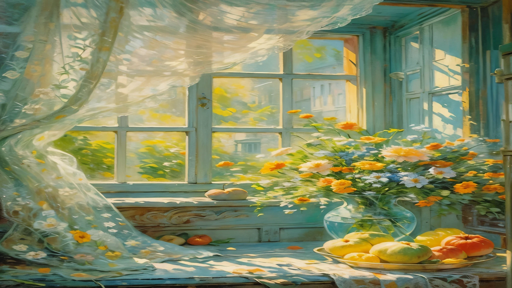 oil painting still life, Vintage illustration of a window on a sunny day, iridescent light, soft light, rain drops, Lace curtains, flowers, fruit, dynamic lighting