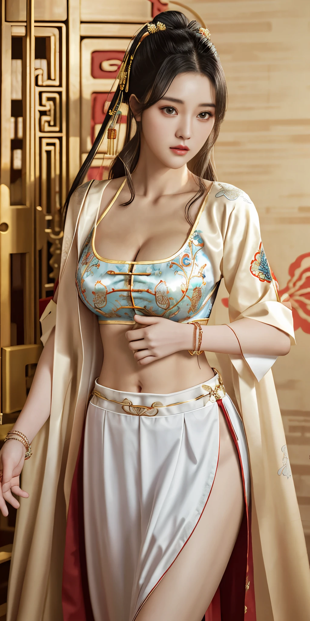 Photorealistic, high resolution, 1 woman, facial mix of phoebe cates, breast, deep cleavage, detailed abs, Hips up, see-trought uniform,Beautiful eyes, Long hair, ringed eyes, jewelry, tattoo, Hanfu, Chinese fairy, Taoist uniform,embarrassed by the man who saw her, trying to cover breast,good looking, wearing complete Chinese royal accessories,half bare breast.