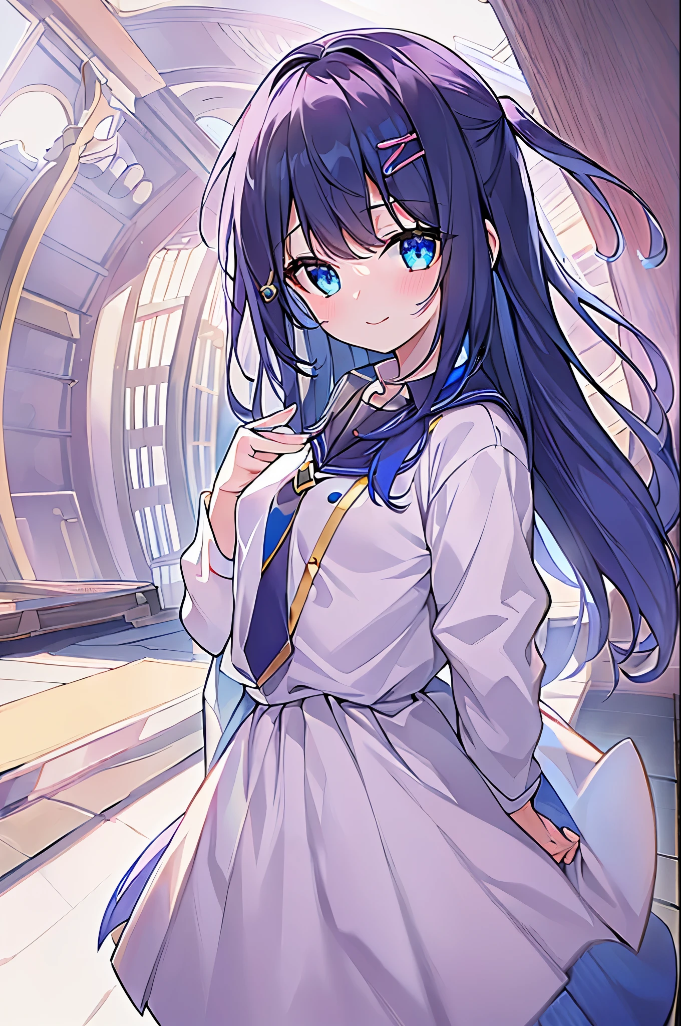 (((masterpiece))), (high quality:1.5), (beautiful:1.5), (((8K))), (High resolution:1.5), (High resolution:1.5), (1 girl:1.3), (child:1.5), (:1.5), (dark blue straight long hair:1.3), (very long dark blue sideburns), (dark blue bangs with very large parting:1.3), (simple hair clip:1.4), (Ahoge:1.4), (small blue eyes:1.2), (slightly droopy eyes:1.3), (Super thick sideburns and super long sideburns:1.1), (Ultra-flat chest:1.4), (extremely small breasts:1.4), laughter, (white cardigan), (white pleated skirt), standing in the aisle of a theme park, (cowboy shot:1.2)