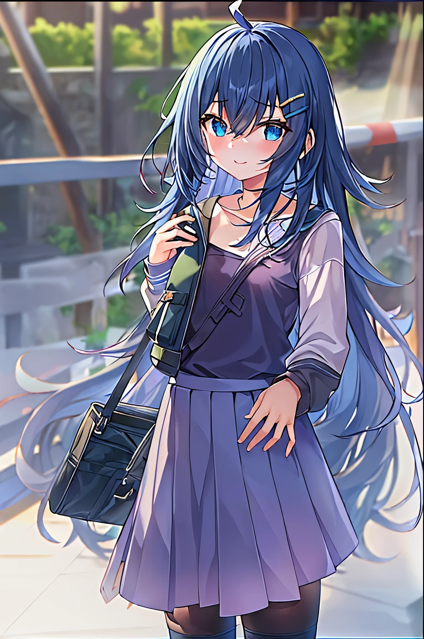 (((masterpiece))), (high quality:1.5), (beautiful:1.5), (((8K))), (High resolution:1.5), (High resolution:1.5), (1 girl:1.3), (child:1.5), (:1.5), (dark blue straight long hair:1.3), (very long dark blue sideburns), (dark blue bangs with very large parting:1.3), (simple hair clip:1.4), (Ahoge:1.4), (small blue eyes:1.2), (slightly droopy eyes:1.3), (Super thick sideburns and super long sideburns:1.1), (Ultra-flat chest:1.4), (extremely small breasts:1.4), laughter, (white cardigan), (white pleated skirt), standing in the aisle of a theme park, (cowboy shot:1.2)