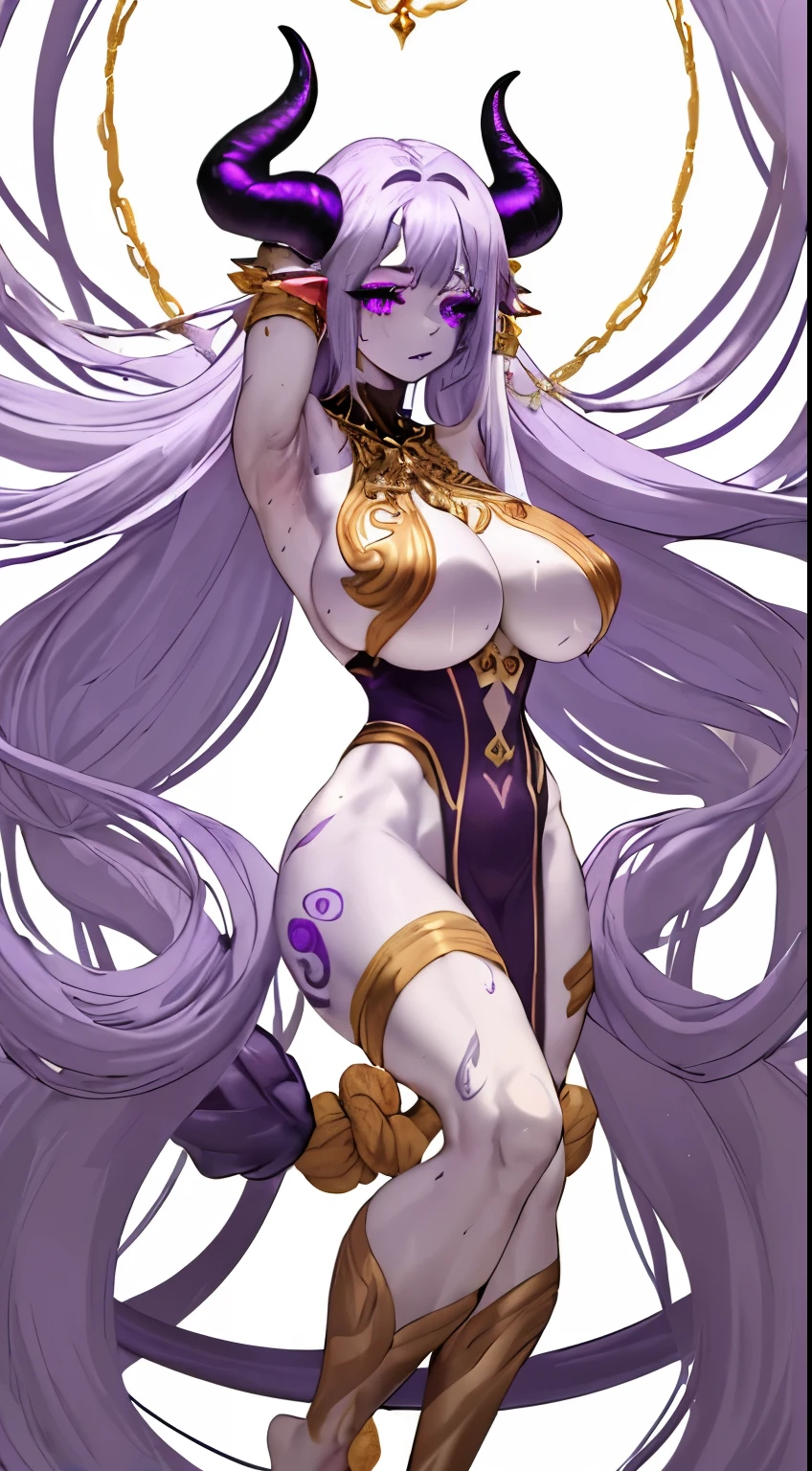 Had four arms hands on body,goddess girl, mega breast wrapped by ropes, pale purple skin, 3 meter tall standing, blacked eyes with purple iris, thicc light muscle body, long tail, long horns, few makeup, sweaty armpits, white haired, tattooed full body from body to legs, worn lot of golden jewelries on body