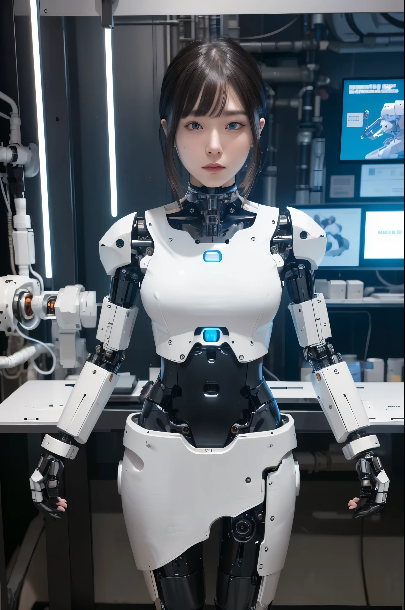 masterpiece, best quality, extremely detailed, 8k portrait, Japaese android Girl,Plump,control panels,android,Droid,Mechanical Hand, Robot arms and legs, Black Robot Parts,Black hair,Mechanical body,Blunt bangs,White robotics parts,perfect robot woman,future laboratory,cyber pank,charging spot,laboratory,long tube,thick cable connected her neck,ceramic body ,perfect mechanical body, white robot body,android,robot humanoid,black sponge joints,The removable cover is in the groin,The connection port is in the groin,white machine body,white robot body,She has repaired,assembly plant,miniskirt,leather boots,(blue eyes:1.5)