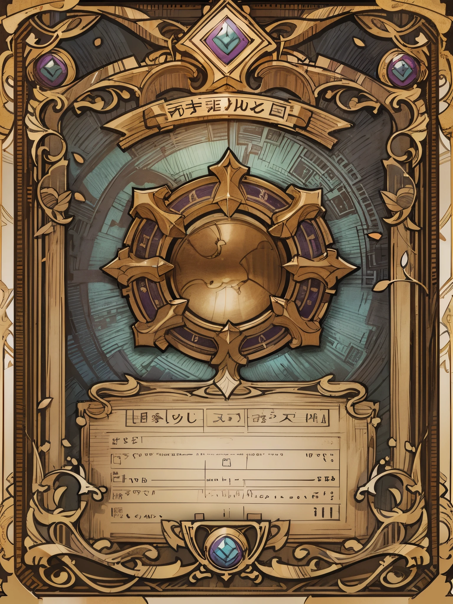 Illustration frame for card，card decoration，The upper part is the illustration frame，The lower part is the effect text box。antique style，full of mystery，brown，Purple，UI design for Magic cards，UI design suitable for Yu-Gi-Oh card，HD，4k。