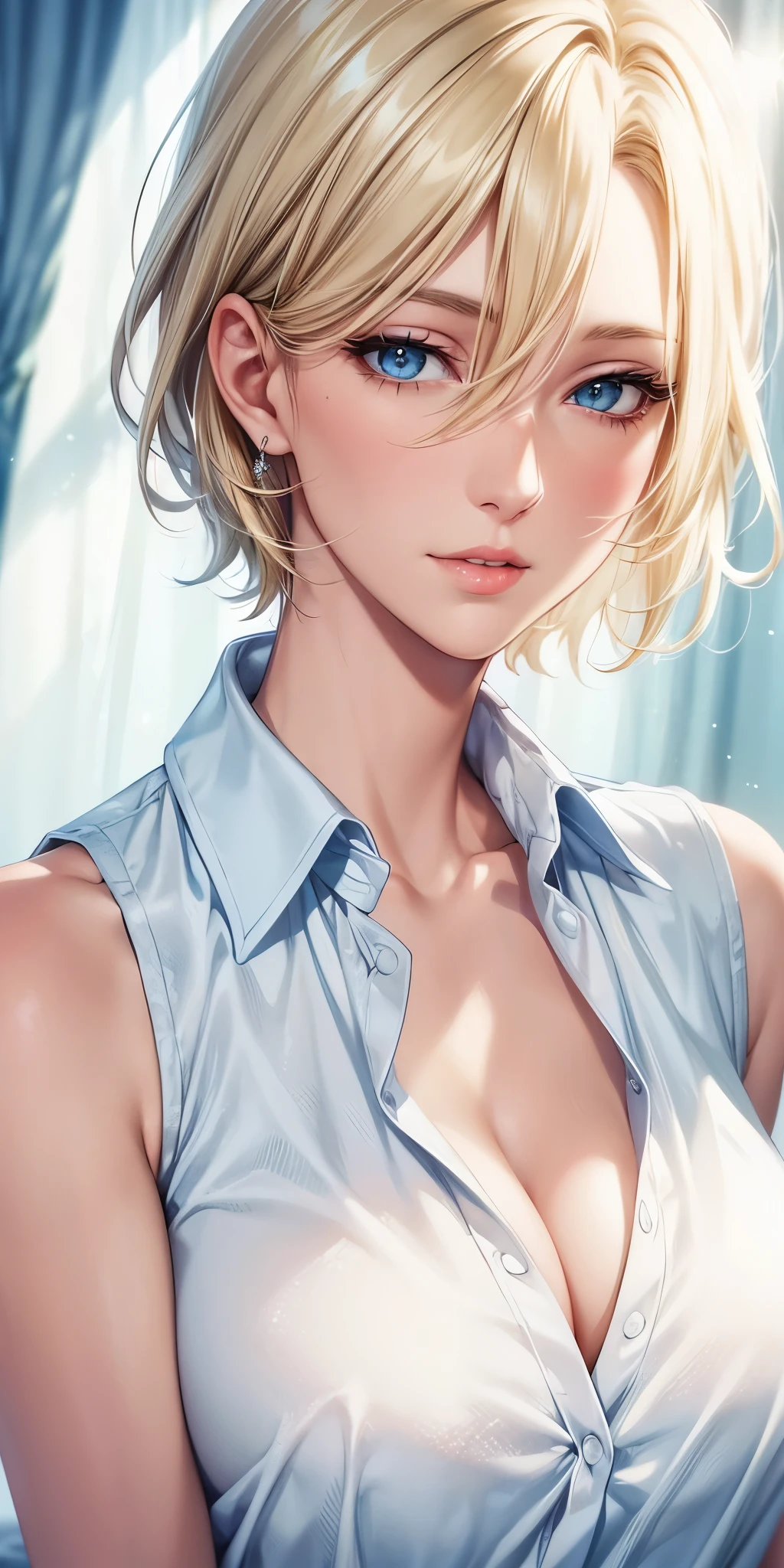 portrait, realistic, elegant mature woman, blue eyes, blonde hair, 4k resolution, ultra detailed cg, beautiful cg, soft light