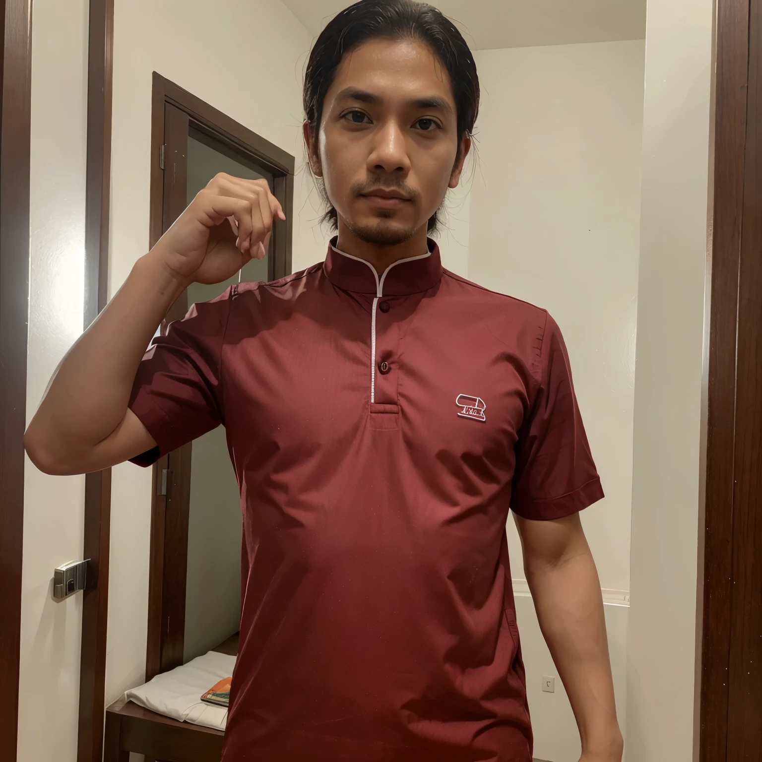 Lelaki muda, umur 35 tahun. Badan penuh. Bercekak pinggang. Memakai baju sut. 