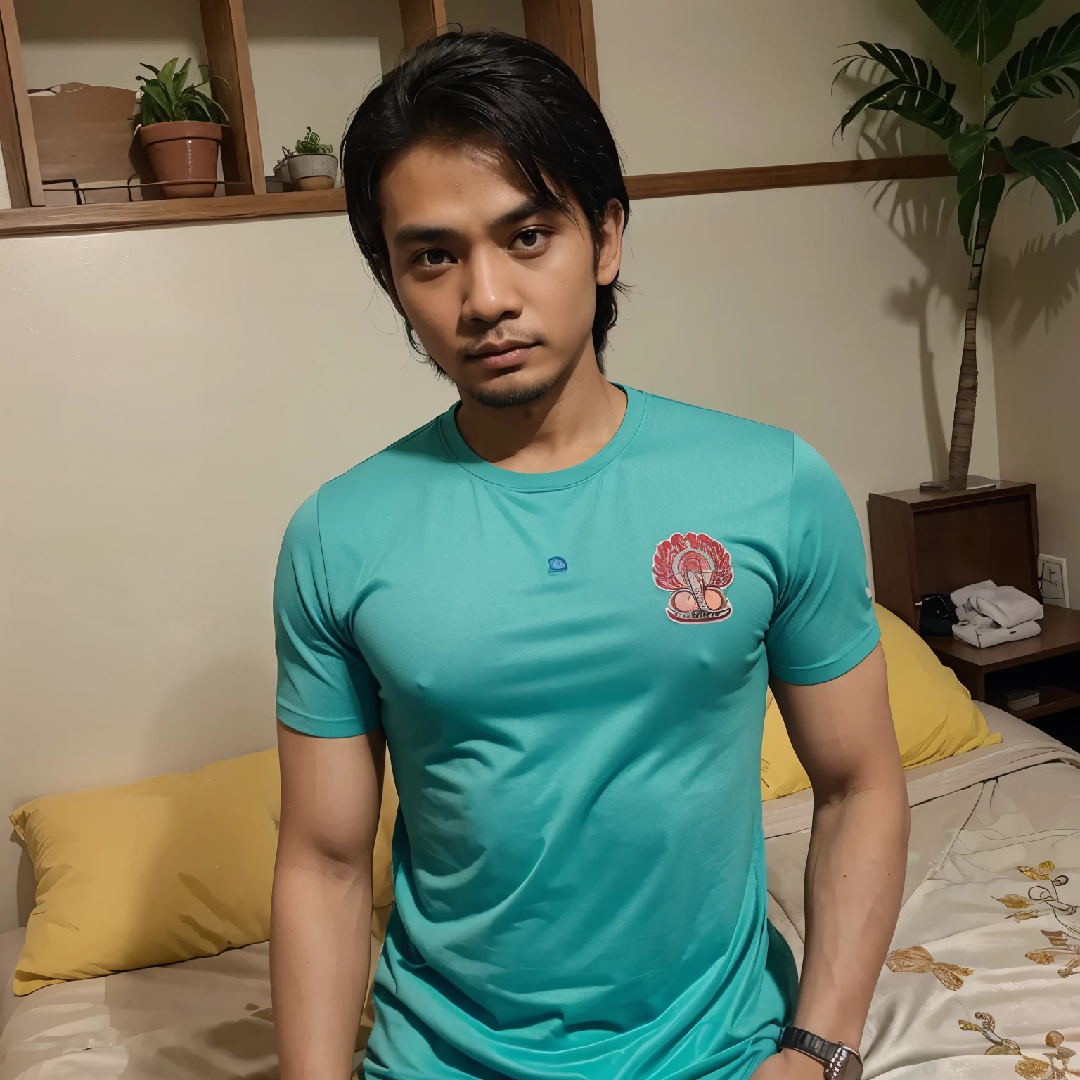 Lelaki muda, umur 35 tahun. Badan penuh. Bercekak pinggang. Memakai baju sut.