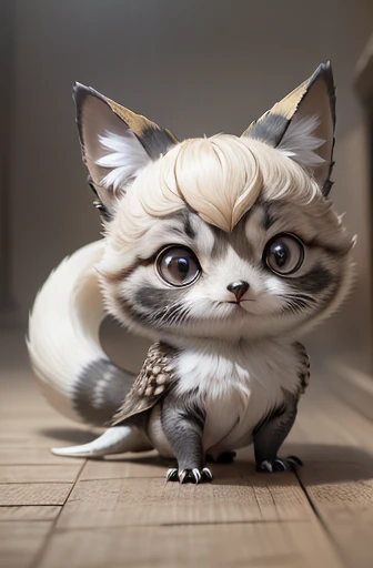 (((Animals,white monster, An illustration, Chibi))), (Sad face, Animals, fox head, wolf carcass, owl back wing, tail snake, four legs)