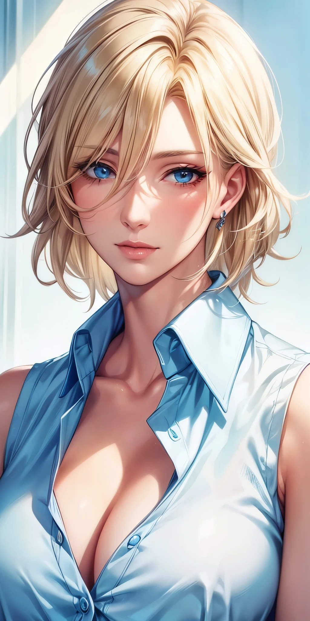 portrait, realistic, elegant mature woman, blue eyes, blonde hair, 4k resolution, ultra detailed cg, beautiful cg, soft light