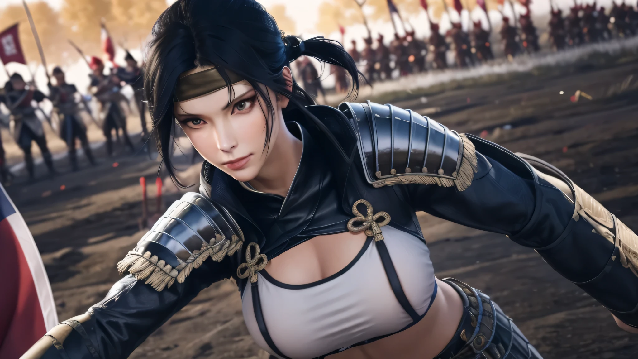 Standing in front of a group of people in armor ,In a field with a flag in the background,a line of red flags and a building,red outfit,shoulder_armor,armor,armored dress, armored boots,red_cape,expensive_collar,a helmet is on her head,holding_arm,knife,realistic, texpensiveexpensives,,前hair,black_hair,茶color_eye,short_hair,turtleneck,1 girl, 20 years,mature woman,beautiful Finger,beautiful long legs,beautiful body,beautiful Nose,beautiful character design, perfect eye, perfect face,looking at the viewer, NSFW,official art,Highly detailed CG Unity 8K wallpaper, perfect lighting,colorful, bright_front_face_lit,(masterpiece:1.0),(Highest_quality:1.0), ultra expensive res,4k,Super detailed,,perfect body,(lie:1.3),photo shoot, 8K, HDR, expensiveres, confused:1.2, kodak portrait 400, film grain, blurred background, Bokeh:1.2, Lens flare, (lively_color:1.2),(beautiful,big_chest:1.4), (beautiful_face:1.5),(narrow_waist),