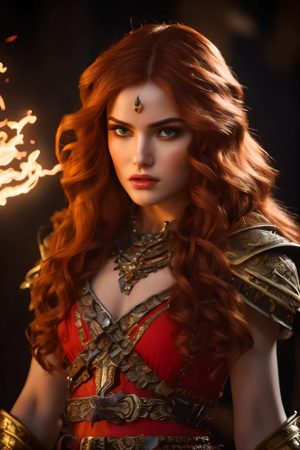 (model Elden general ring radahn in the red desert European female red, (Orange hair female sorceress sorceress casting spells fire Princess noble eyes rich color brown red), ( red red hair). (attractive, well-defined full body, skin in 4k , stand, light), Cinematic lighting. photography, Detailed symmetrical realistic face. Roman gladiator European costume Greek Rome and red and gold Roman costume with ruby ​​jewelry extremely detailed, peach skin, Auburn Hair, master part, nonsense, Nikon D850 Stock Photography, Kodak Portra 400 F1.6 Lens camera, extremely detailed, Amazing, fine details, hyper realistic texture, dramatic lighting, high quality, Full Resolution, sharp focus, extremely detailed, Cinematic lighting, 8k UHD.