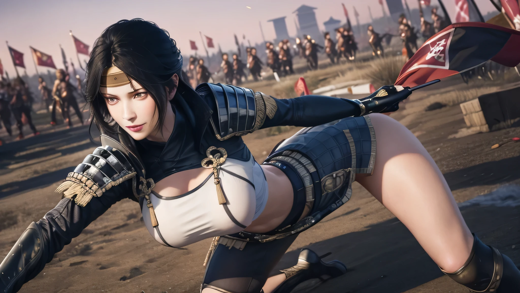 Standing in front of a group of people in armor ,In a field with a flag in the background,a line of red flags and a building,red outfit,shoulder_armor,armor,armored dress, armored boots,red_cape,expensive_collar,a helmet is on her head,holding_arm,knife,realistic, texpensiveexpensives,,前hair,black_hair,茶color_eye,short_hair,turtleneck,1 girl, 20 years,mature woman,beautiful Finger,beautiful long legs,beautiful body,beautiful Nose,beautiful character design, perfect eye, perfect face,looking at the viewer, NSFW,official art,Highly detailed CG Unity 8K wallpaper, perfect lighting,colorful, bright_front_face_lit,(masterpiece:1.0),(Highest_quality:1.0), ultra expensive res,4k,Super detailed,,perfect body,(lie:1.3),photo shoot, 8K, HDR, expensiveres, confused:1.2, kodak portrait 400, film grain, blurred background, Bokeh:1.2, Lens flare, (lively_color:1.2),(beautiful,big_chest:1.4), (beautiful_face:1.5),(narrow_waist),