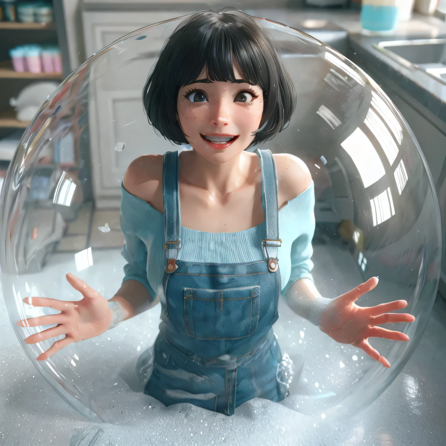 hay una mujer en una burbuja con una sonrisa en el rostro, gorgeous 3D rendering, estilo anime realista 3d, renderizado 3d suave, estilo realista 3d, ultra realistic 3d illustration, burbujeante, efectos visuales de burbujas, adorable pintura digital, personaje 3D realistic, Arte de personajes de renderizado 3D 8 k, personaje 3d, personaje 3D