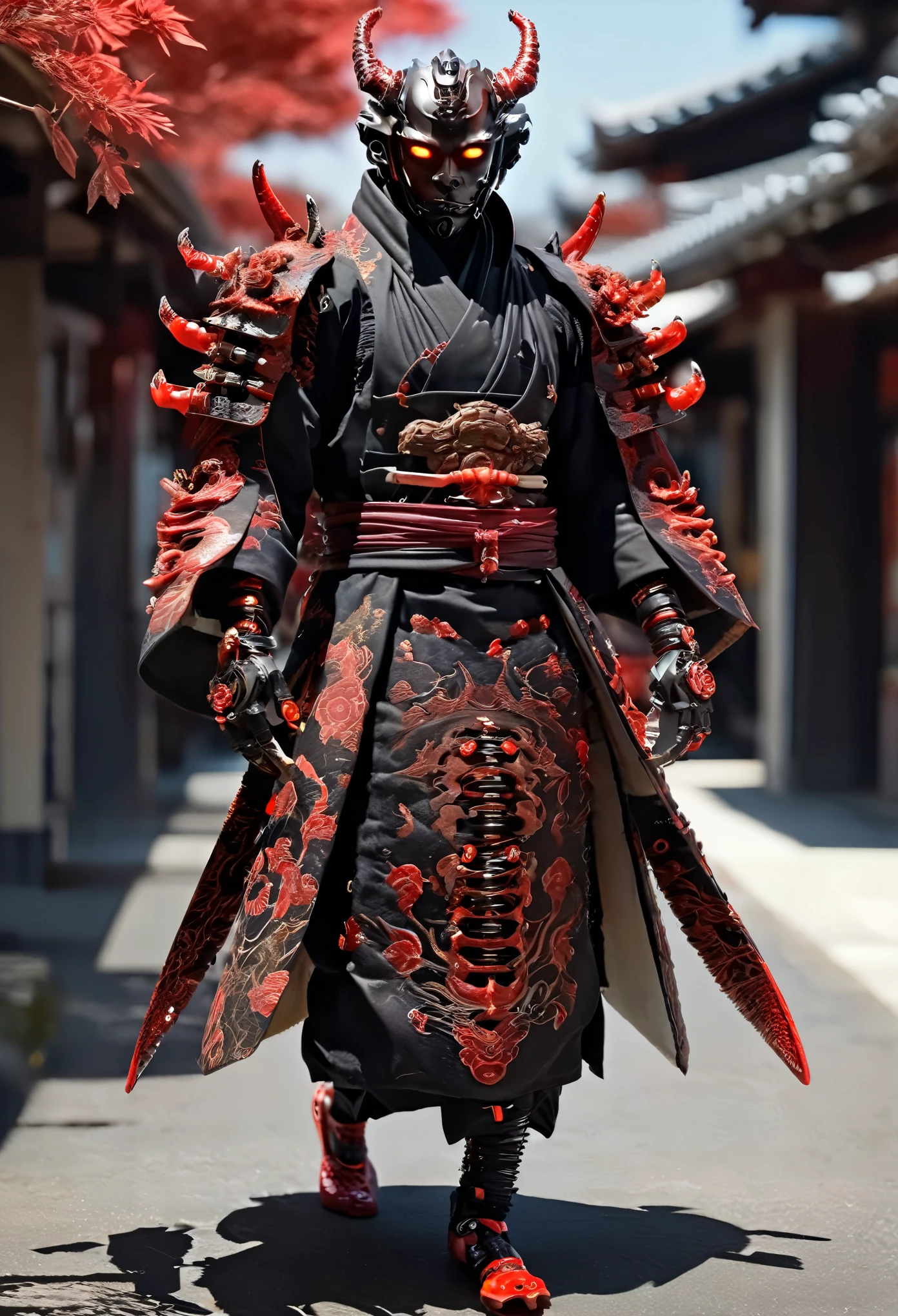 13century、A black cyborg samurai-like creature wearing a Hannya mask.、eyes are shining、long coat、(black and red)、FW Murano style, vibrant color blast, whole body、incredibly detailed, dark, Key Visual, in the atmosphere, very realistic, high detail texture, ray tracing