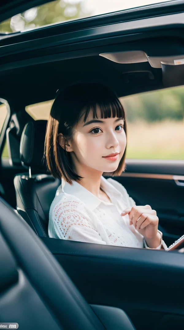 (Raw photo, highest quality)(8K, highest quality, masterpiece: 1.2), Super detailed, super resolution, (realistic, realistic photo: 1.37) girl, 20th generation, Happy, driving, car