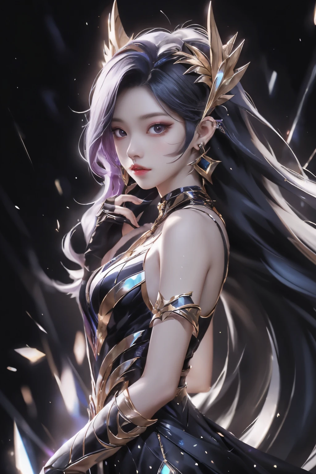 best quality, 1girl, kda, solo, long hair, black dress, looking at viewer, upper body
