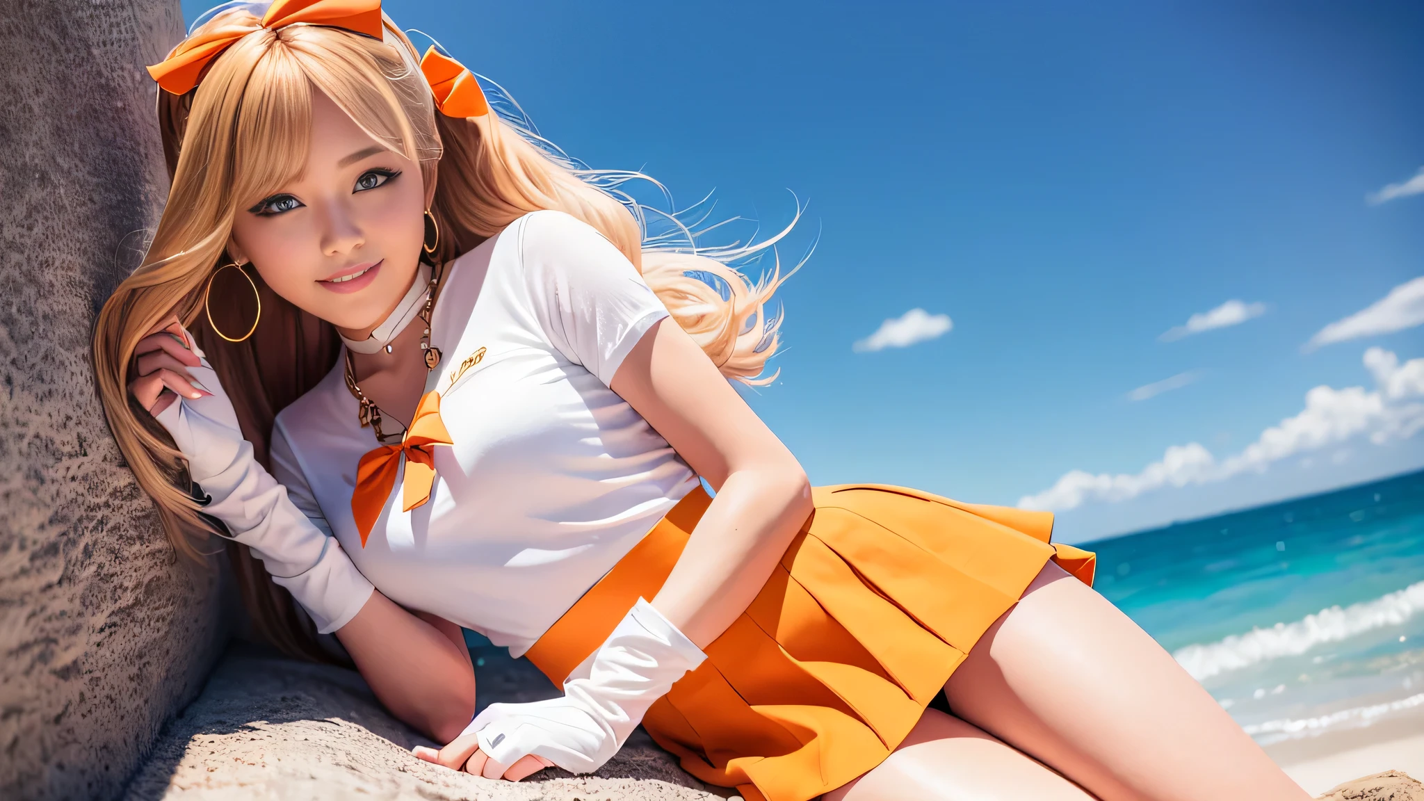 ((masterpiece, best quality)), (1girl), 8k, photorealistic, HDR, detailed skin, symmetrical, a portrait of a 18yo girl on an iceberg, sunny sky, tight bikini, cropped back shirt, arm sleeve, short dress, short sailor dress, golden hair, looking at viewer, smile, open mouth, skin tight, smile, thighs, single leg sleeve, (twintails), very long hair, wide shot, (full body),