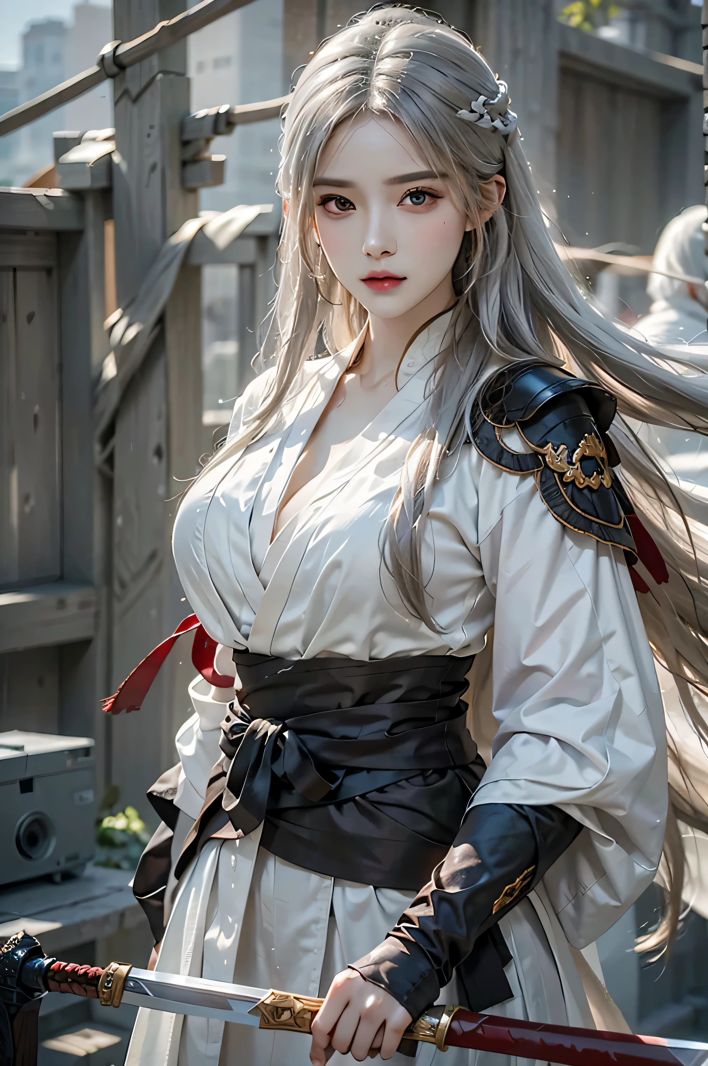 lifelike, High resolution, 1 female, Hips raised, long white hair, beautiful eyes, normal breast, hanfu,Chinese style,Ancient costume,white robe,There is no armor,The sword is by your side