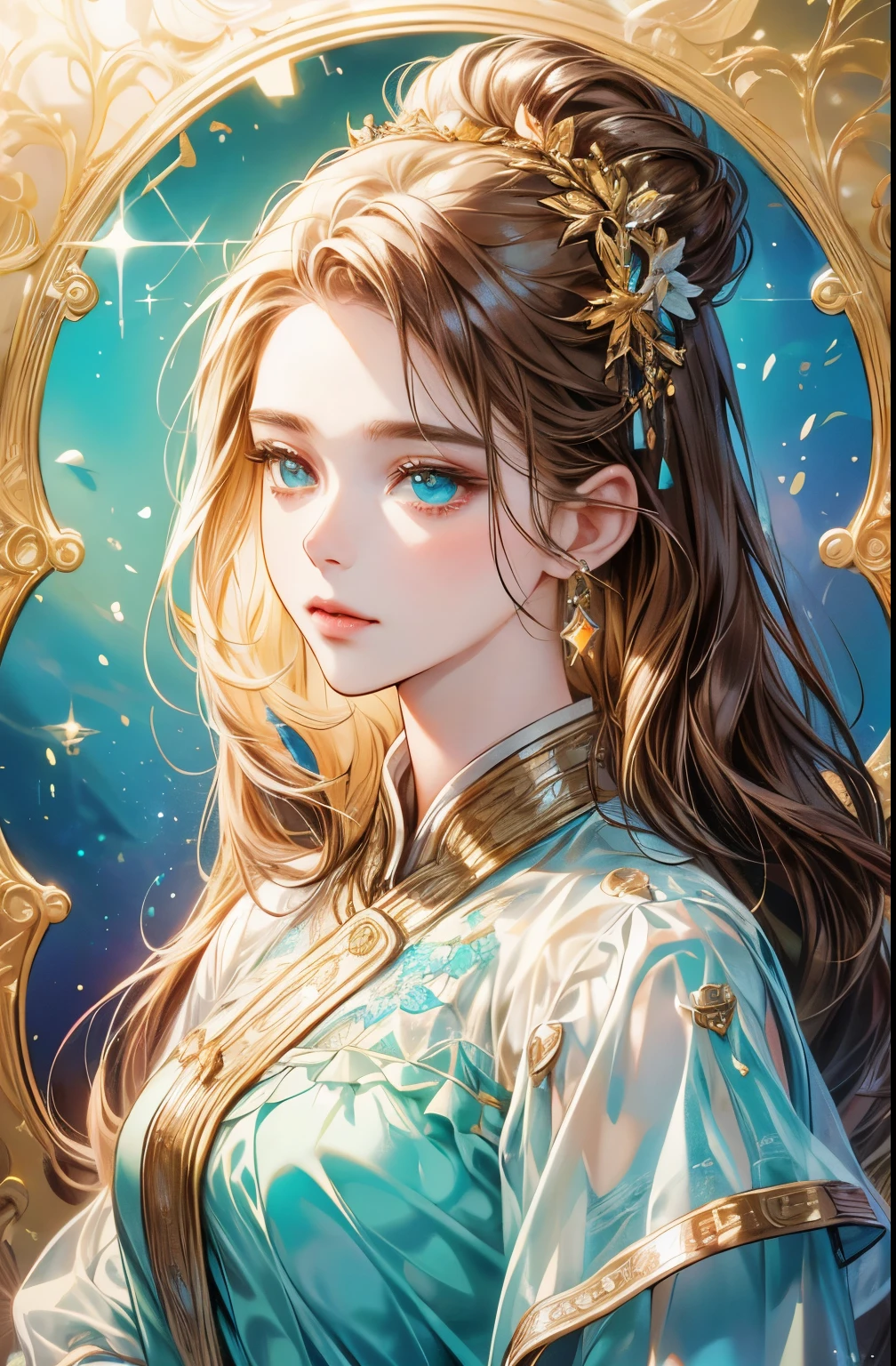 Brown-haired woman、bust、white skinned、Symmetry between left and right eyes、delicate eyes、sparkling turquoise eyes、golden hair accessories、Mosaic pattern background、spotlight、high contrast、Striking shadows、Detailed shadows、Perfect workmanship、Masterpiece、top quality、Top image quality