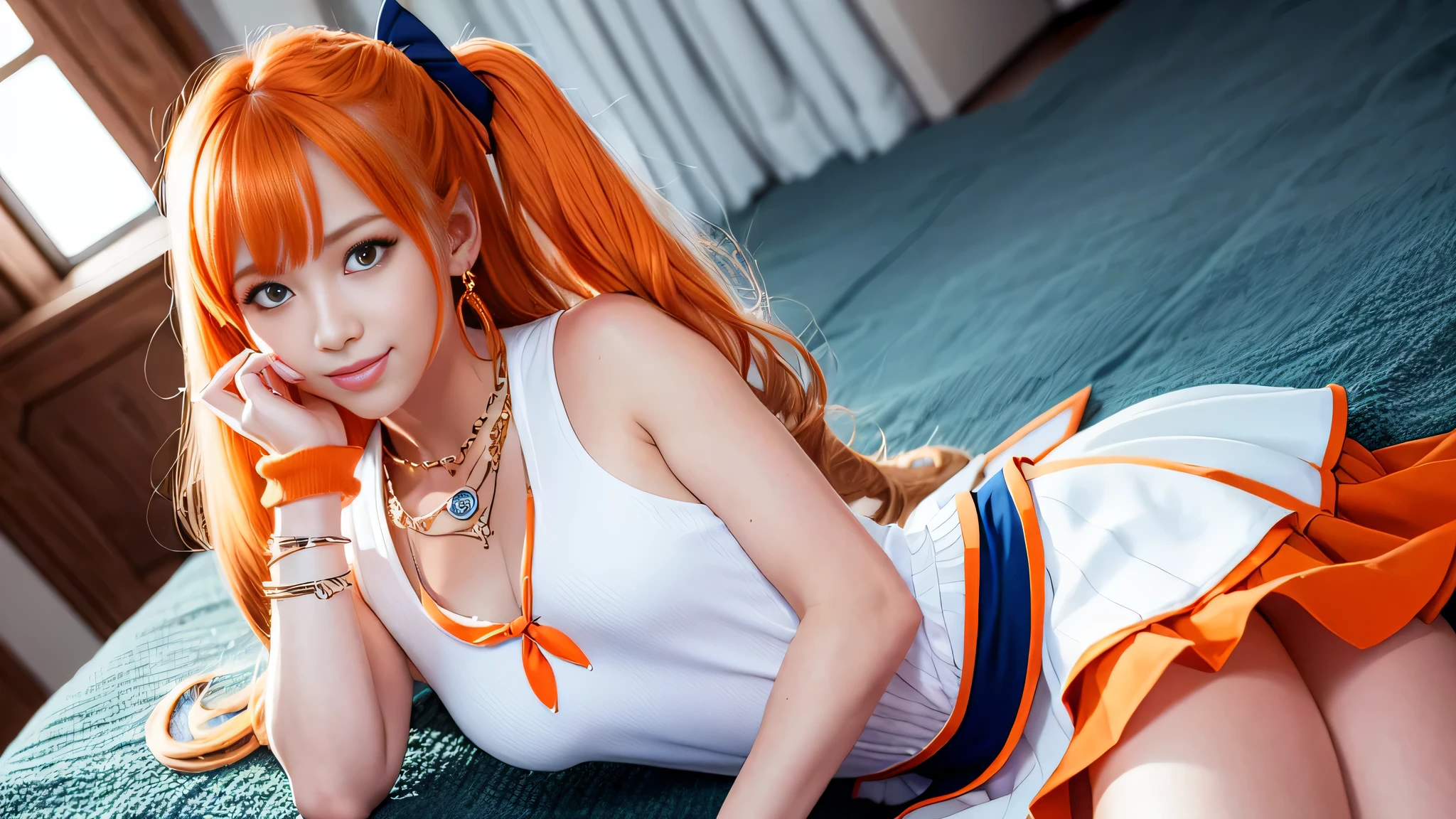 1 girl, nami one piece, dress blue, big oppai, long hair, orange hair, realistic, ultra detail, 70mm lens