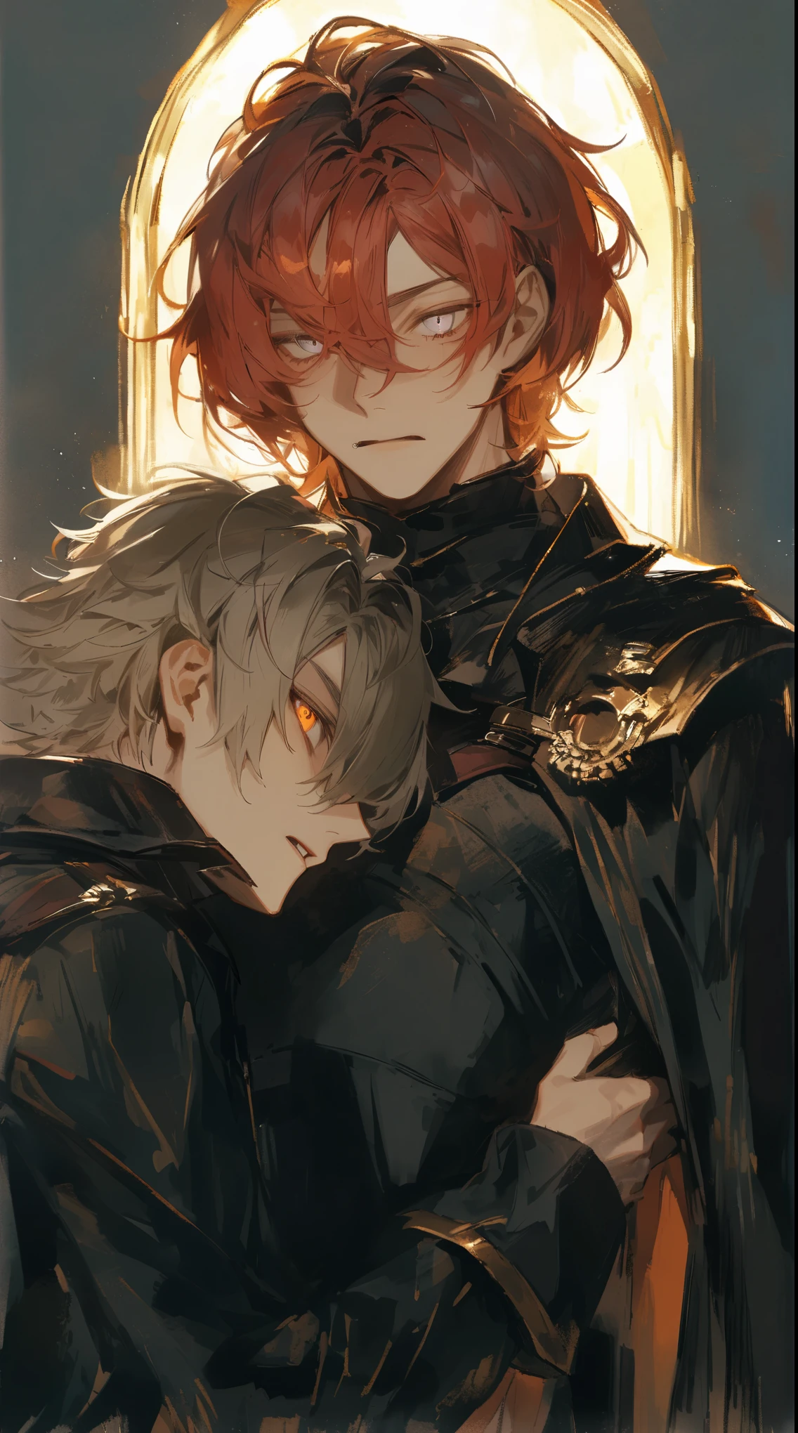 Two beautiful young men, one with short gold hair and orange eyes, the other with shoulder-length red hair and gray eyes, cool black outfits, wall slam, wall bang,high quality, amount of drawing, pixiv illustration
