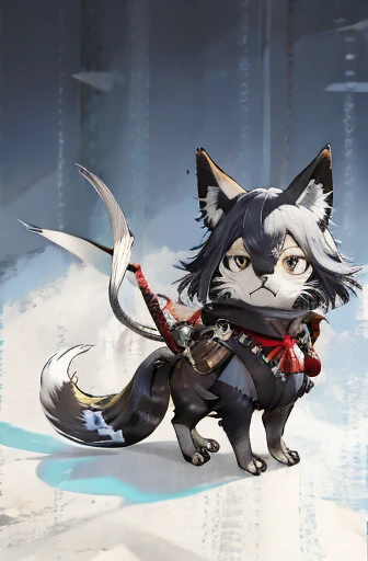 (((Animals,white monster, An illustration, Chibi))), (Sad face, fox head, wolf carcass, owl back wing, tail snake, four legs)
