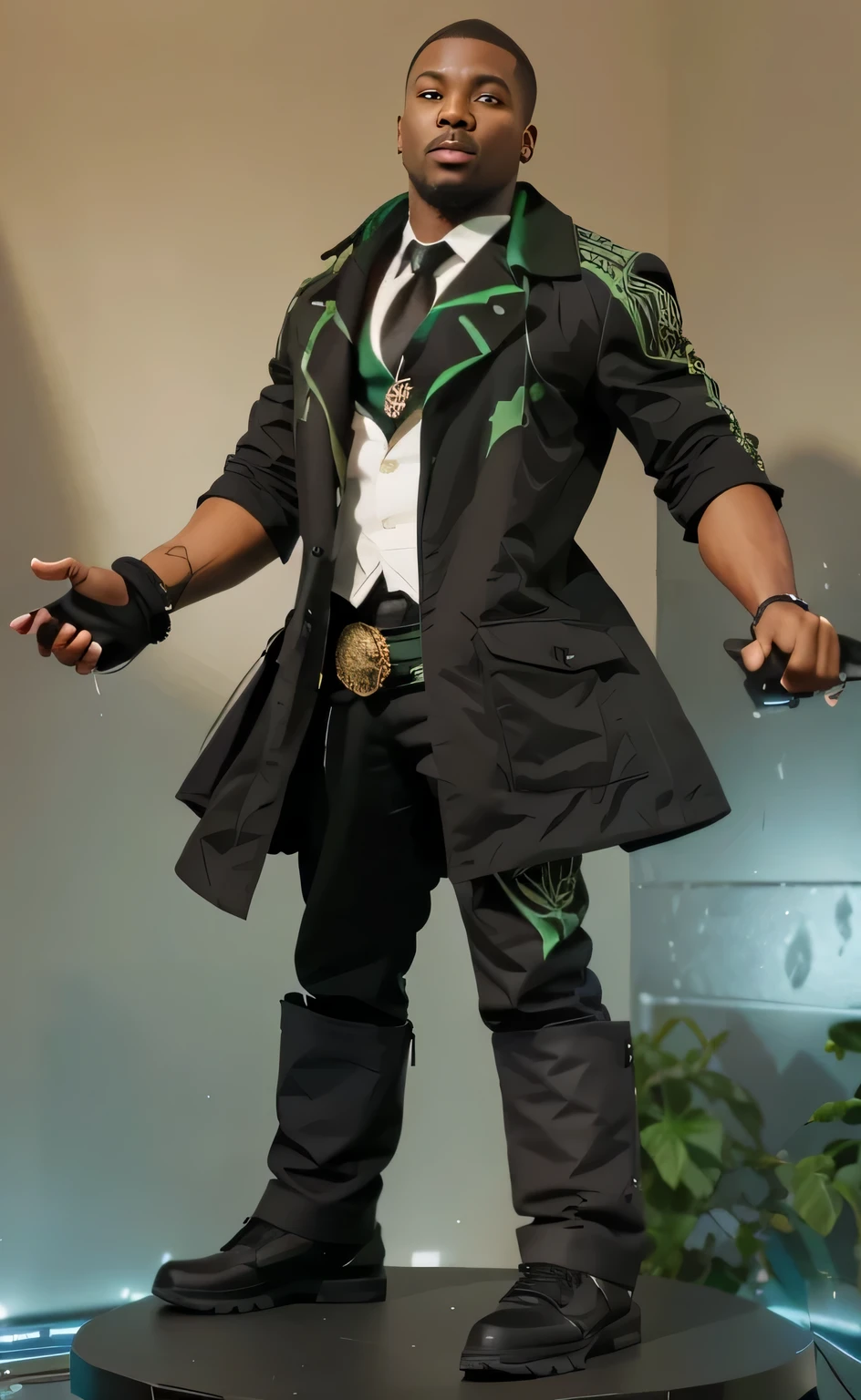 Black man wearing a black coat with green accents on the clothing. Highly detailed.